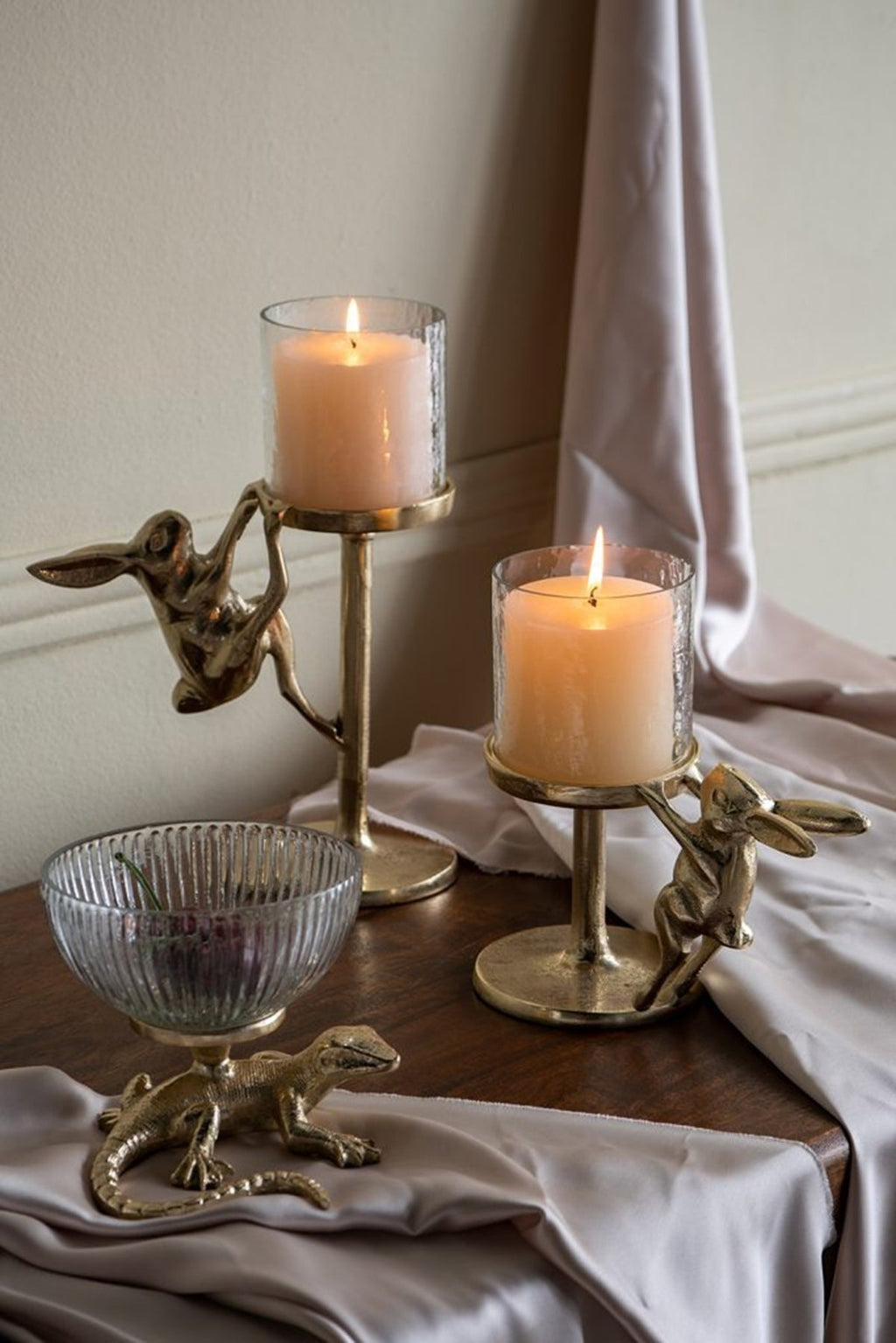 7.9x4x11' Gold Rabbit Pillar Candle Holder with Clear Glass Hurricane Shade