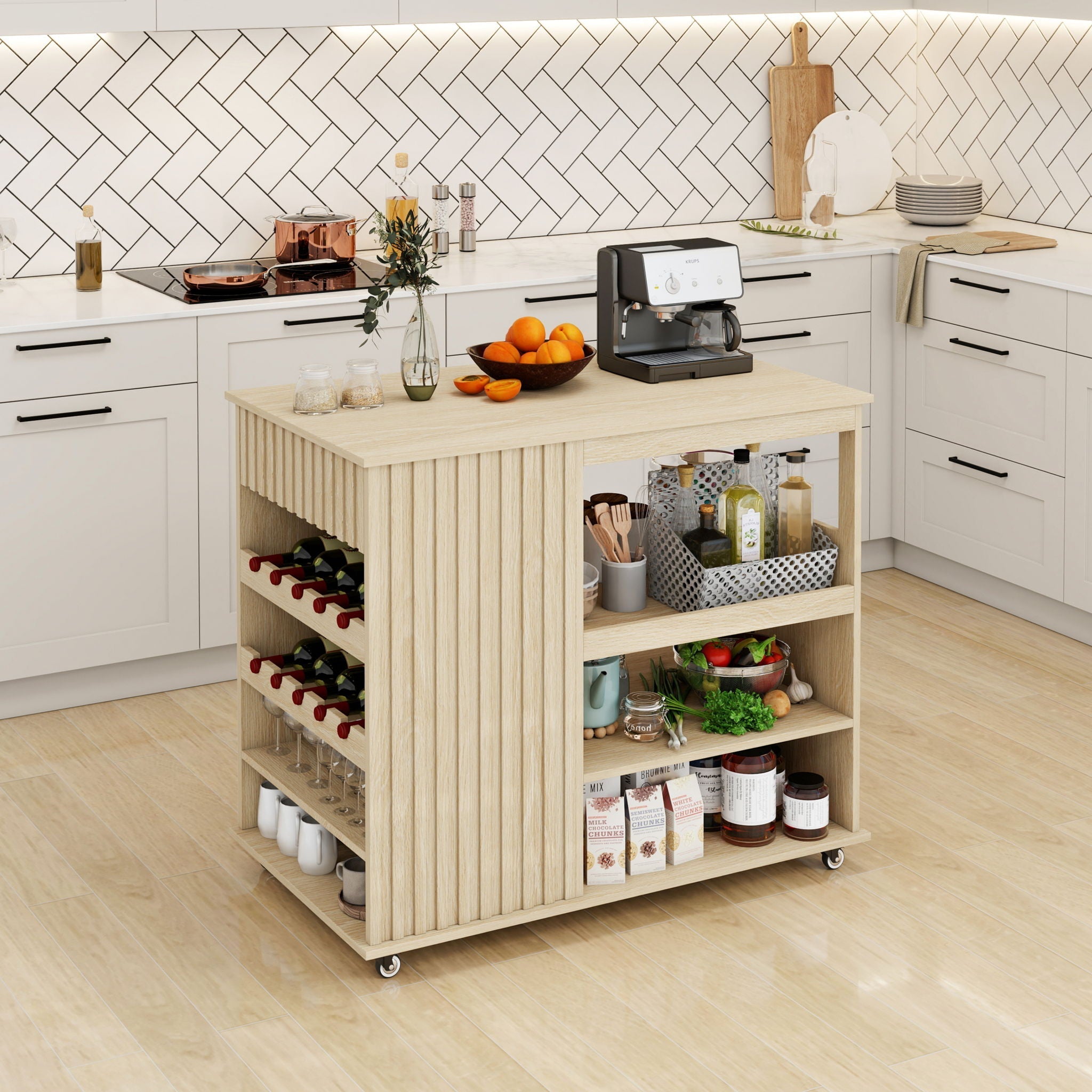 Kitchen Island Cart, Rolling Serving Utility Trolley Cart Modern Kitchen Island With Storage Drawer Wine Rack Lockable Casters, Kitchen Cart For Kitchen, Dining Room, Bar Living Room - Natural
