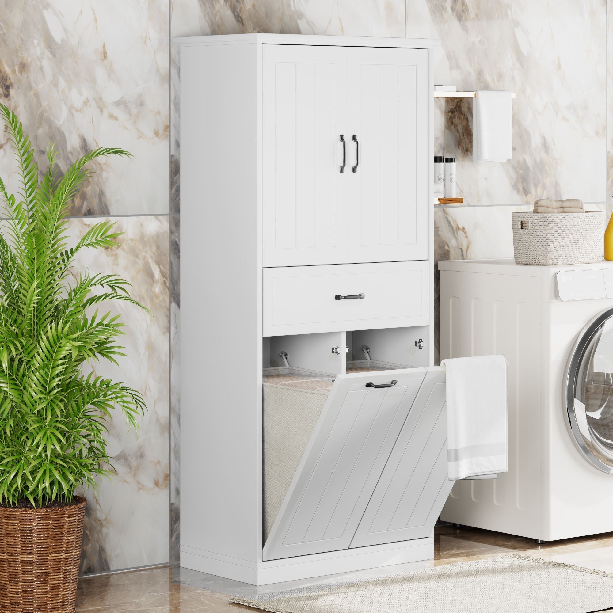 Modern Bathroom Storage Cabinet with Two Laundry Baskets, One Drawer, Adjustable Shelf