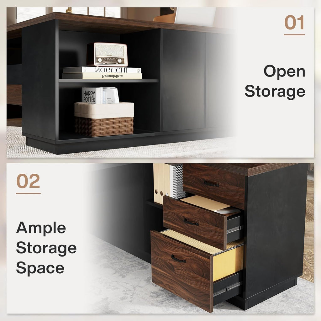 L-Shaped Executive Desk With File Cabinet & Drawers, Large Home Office Computer Workstation