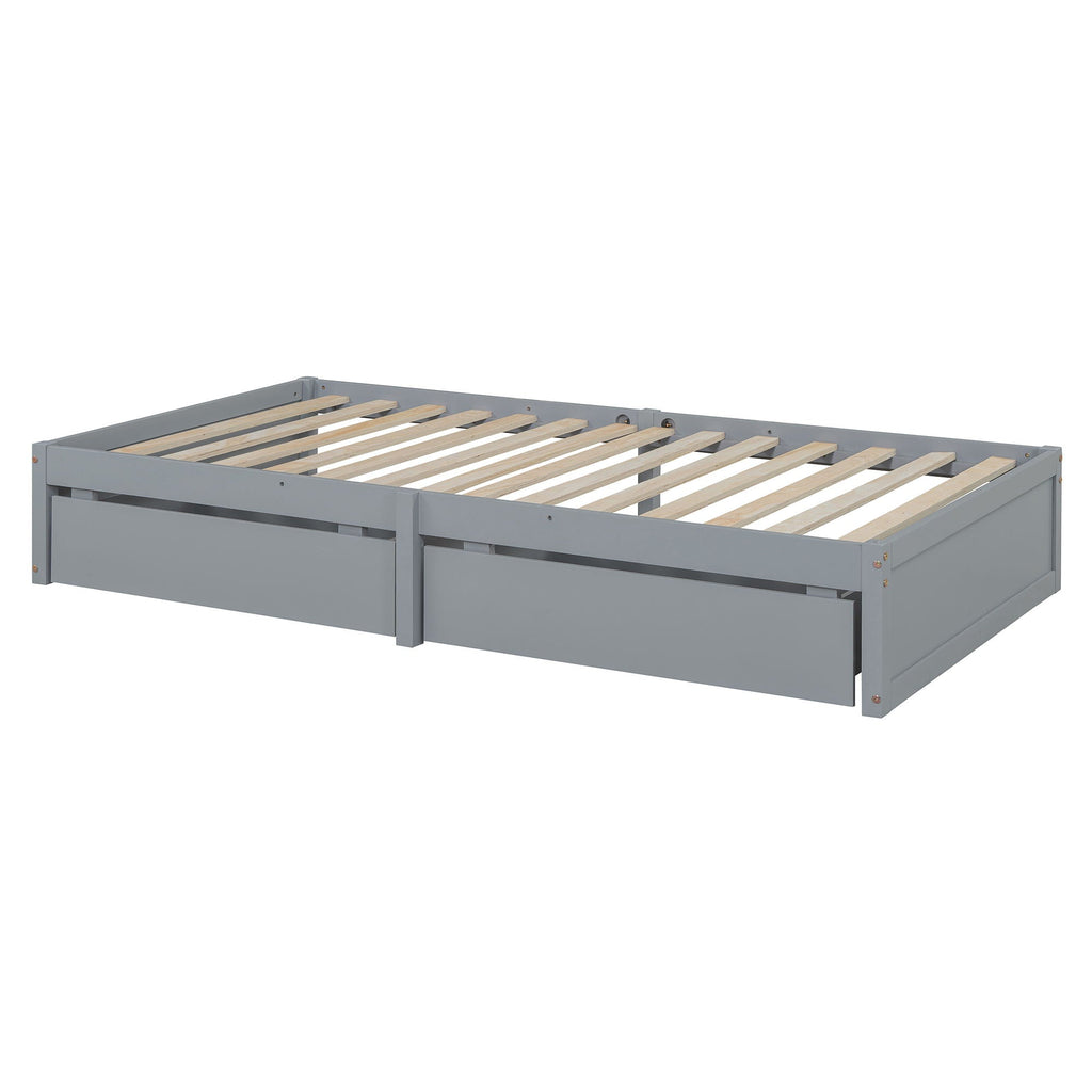 Daybed With Fence Guardrails And 2 Drawers, Split Into Independent Floor Bed & Daybed