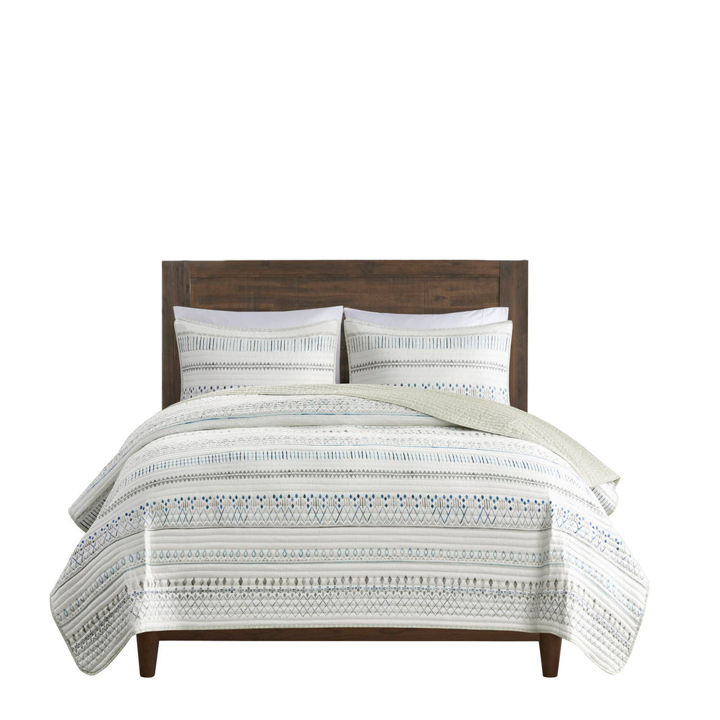 3 Piece Seersucker Quilt Set Taupe Blue King Cal King