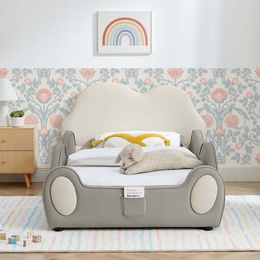 Cute Cloud Shape Bed With Guardrails Cartoon Design, Storage Pocket