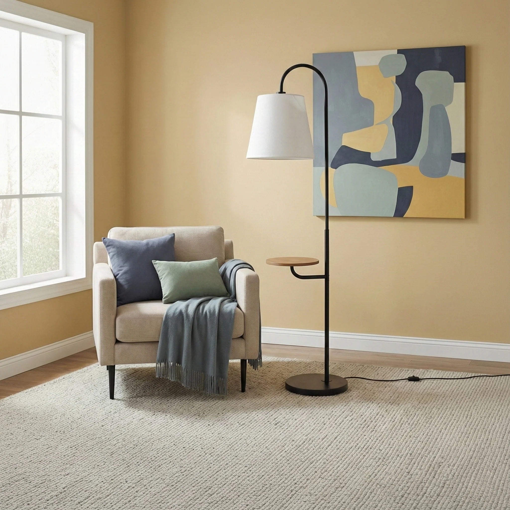 Seoul - Floor Lamp With Rotary Switch Wood Table Base - Black / White