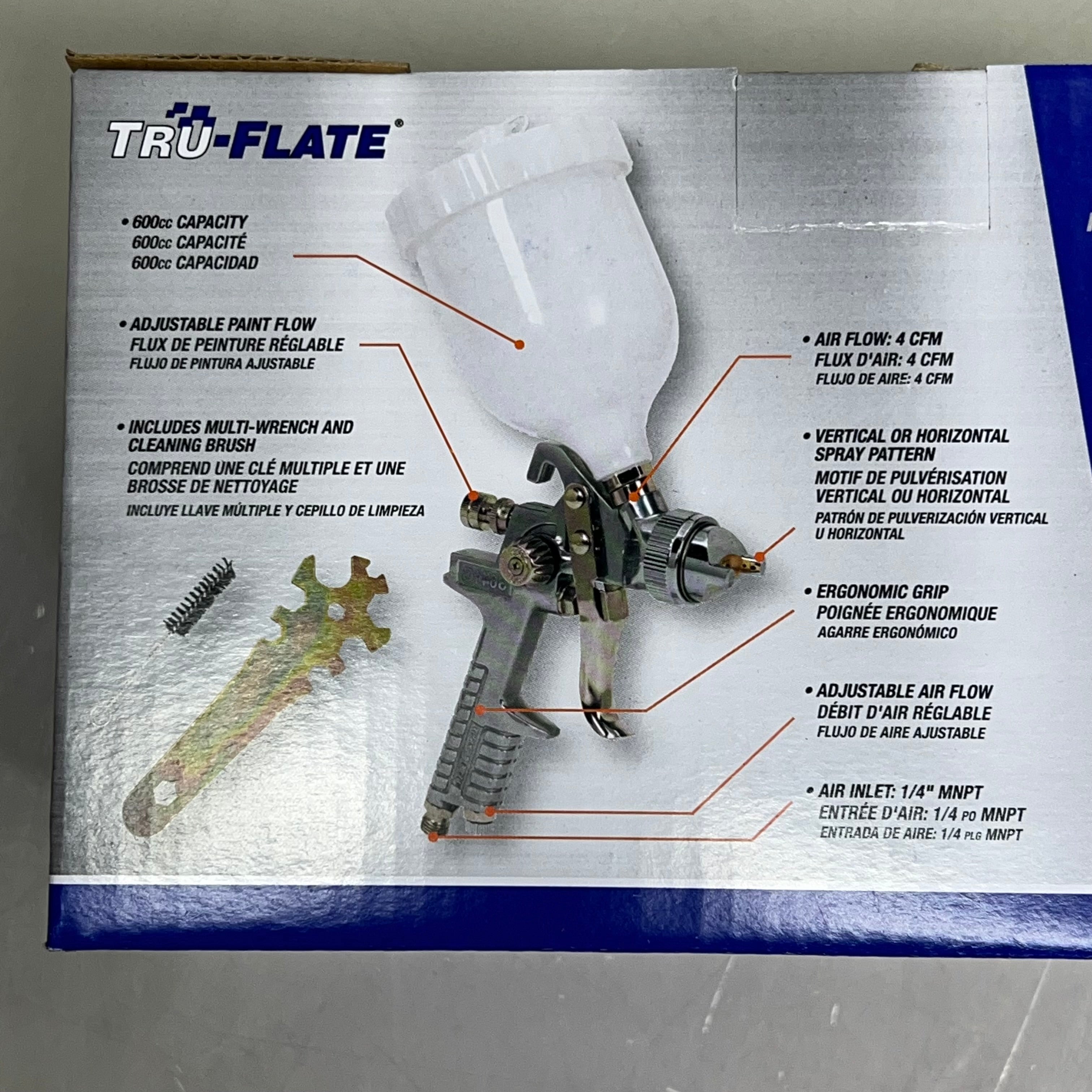 TRU-FLATE Full-Size HVLP Spray Gun-HF  600cc Hopper Sz Clear/Chrome TRFL25575