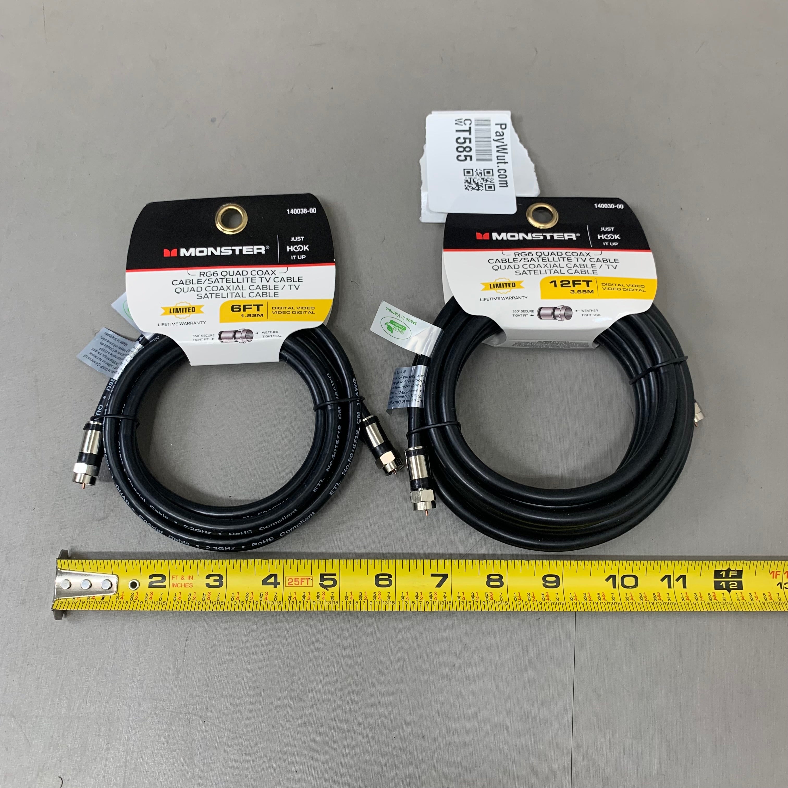 MONSTER (2Pack) RG6 Quad Coax Satellite Tv Cables 6ft, 12ft Black 140036-00,140030-00