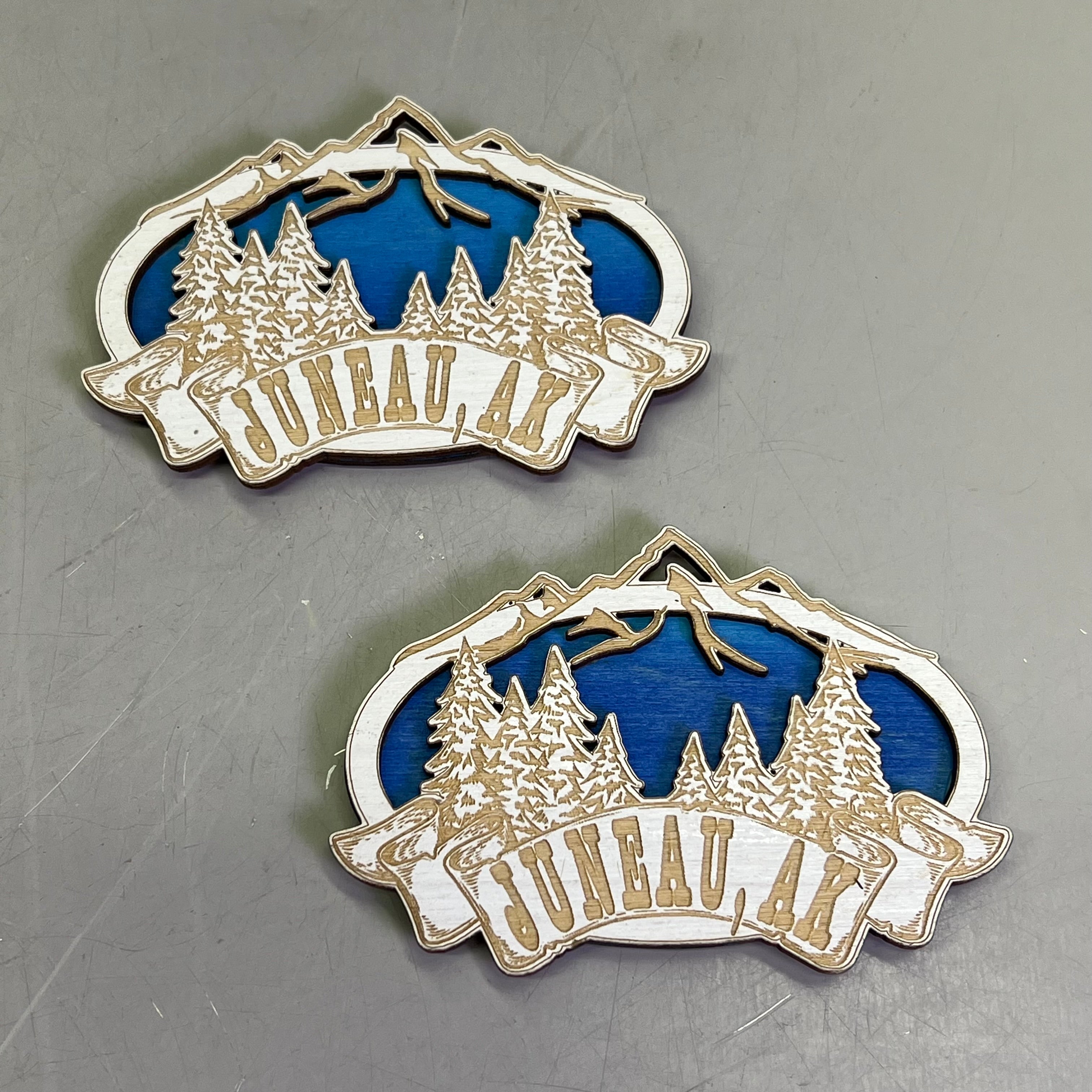 Z@ (2 PACK) Mountain Range Laser Cut Wood Magnet Souvenir JUNEAU, AK Made In USA