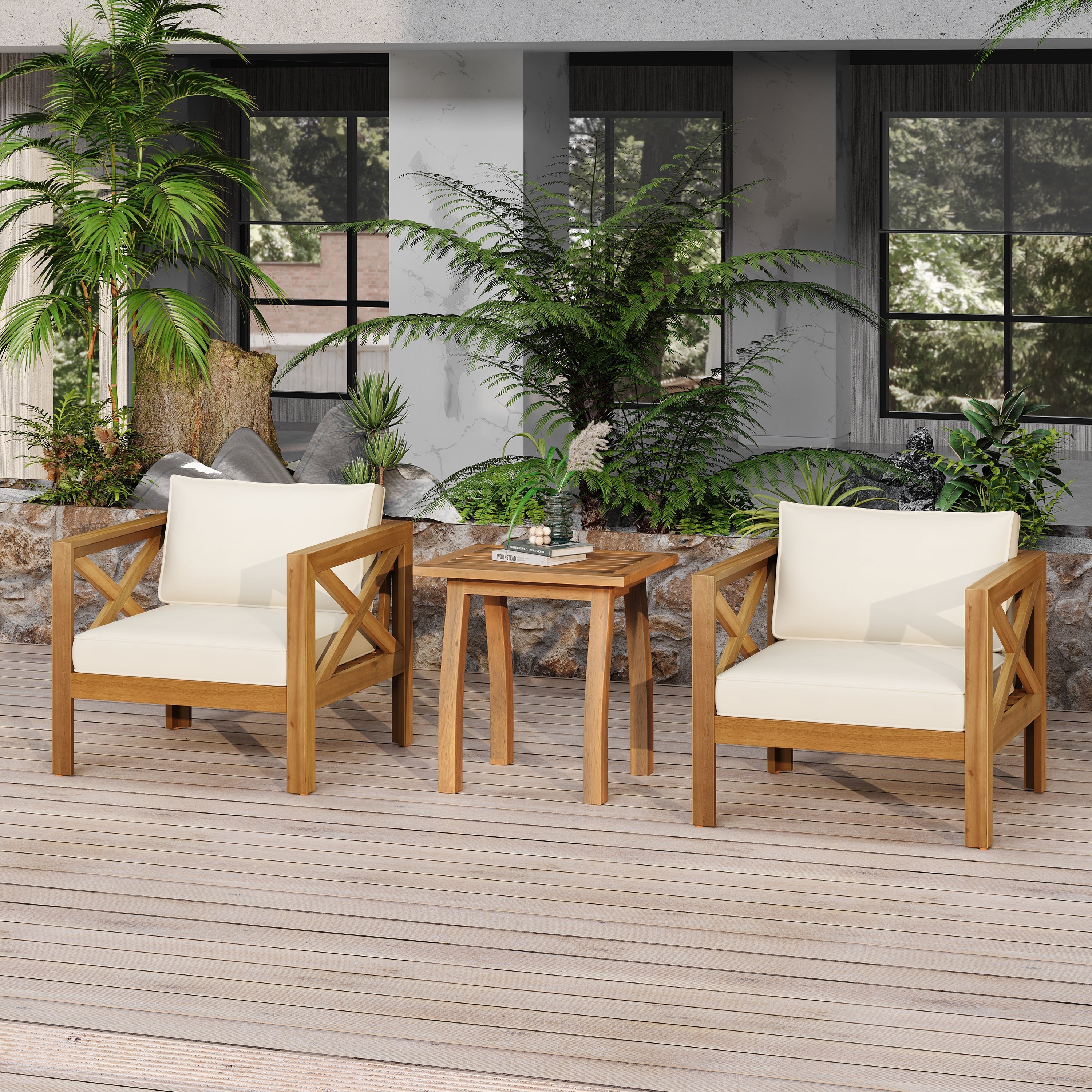 Patio Conversation Set with Acacia Wood Armchairs and End Table