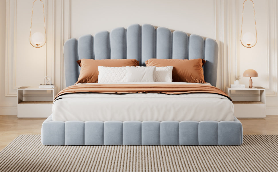 Velvet Upholstered Queen Bed with Shell-Shaped Headboard