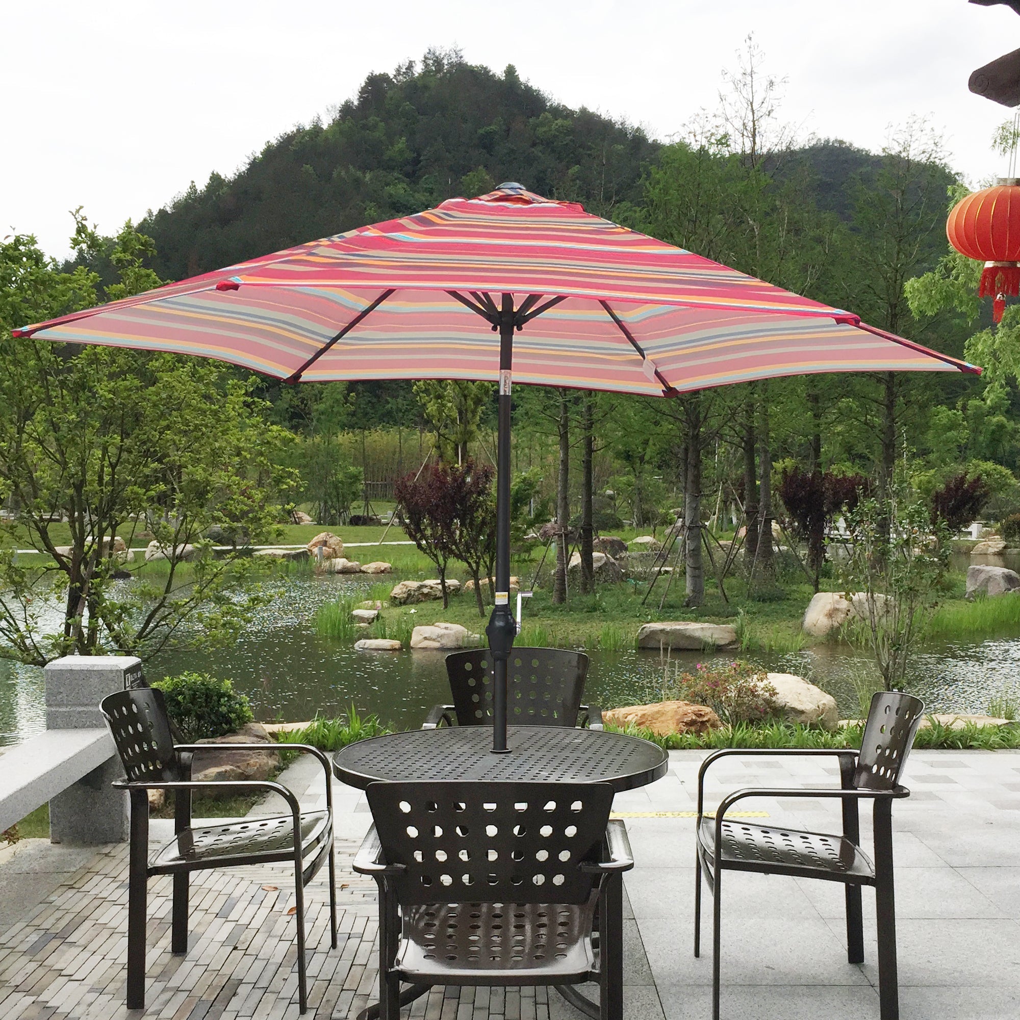 9FT Red Striped Patio Umbrella