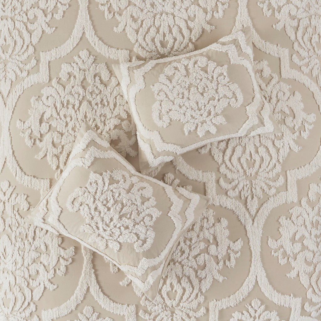 King/Cal King 3 Piece Tufted Cotton Chenille Damask Duvet Cover Set