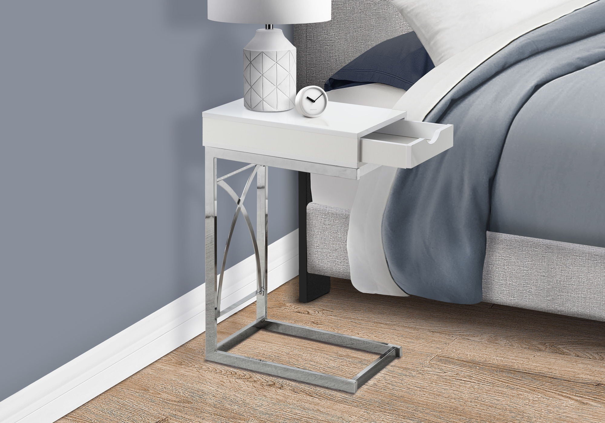 Accent Table, C-Shaped Glossy Contemporary & Modern - White