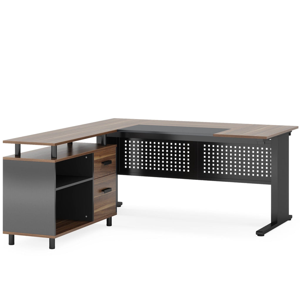 L-Shaped Executive Desk With File Cabinet, Office Workstation With Drawers, Shelves & Storage