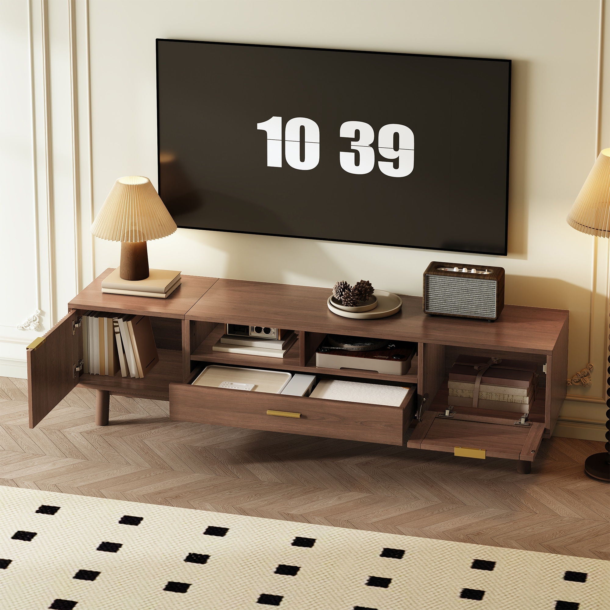 TV Stand for 75" TVs with Soft-Closing Doors and Drop-Down Cabinet