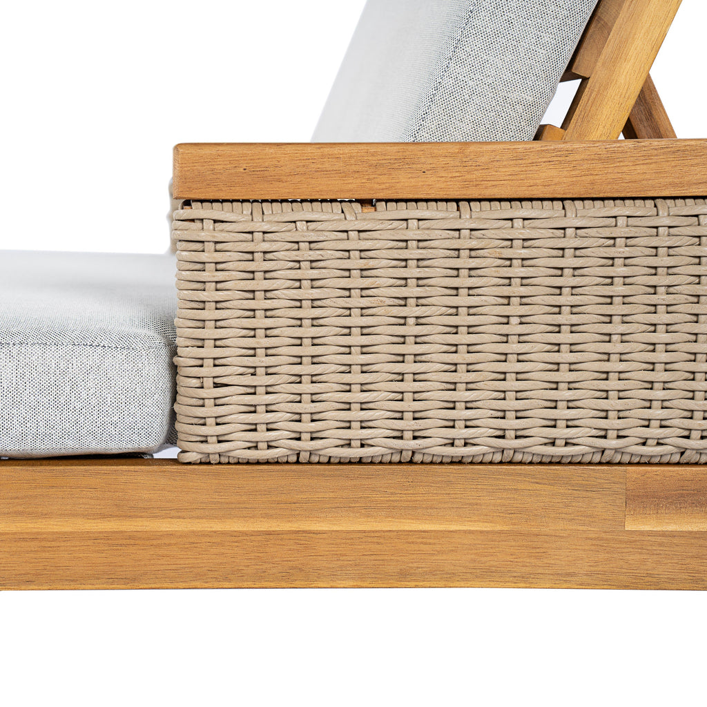 Solid Acacia Wood Sun Lounger with Grey Cushions and Light Grey Wicker