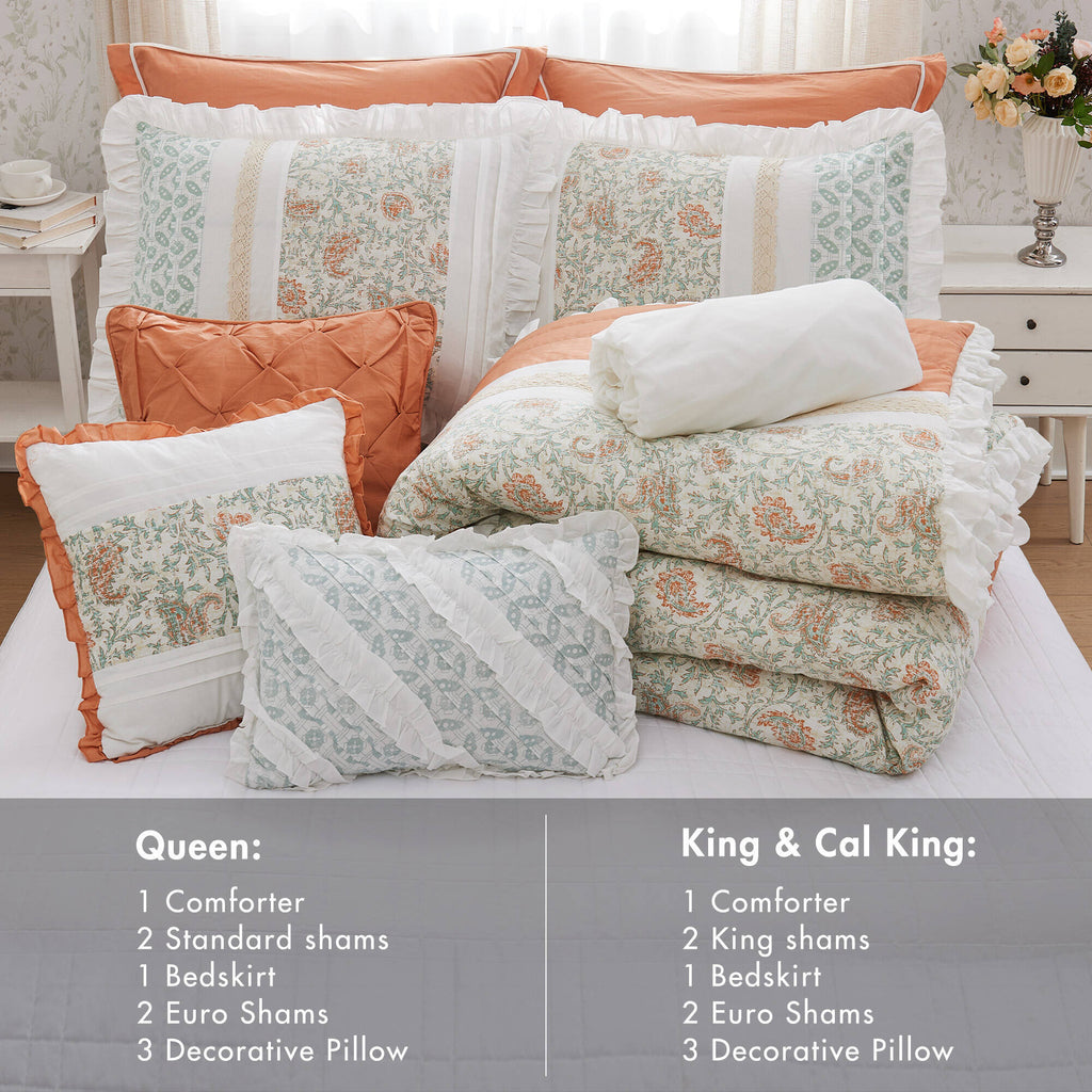 9 Piece Cotton Percale Comforter Set Coral Queen
