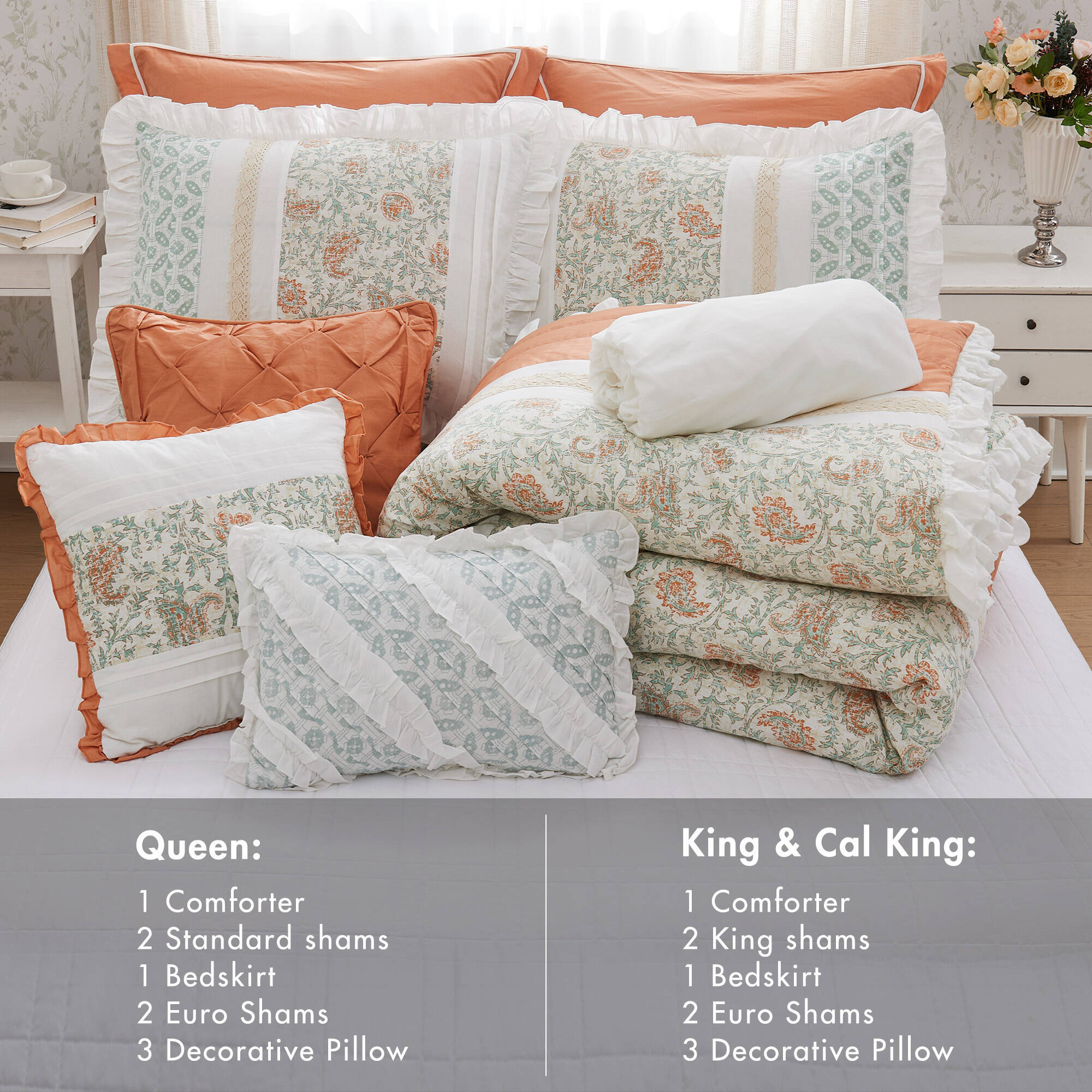 9 Piece Cotton Percale Comforter Set Coral Queen