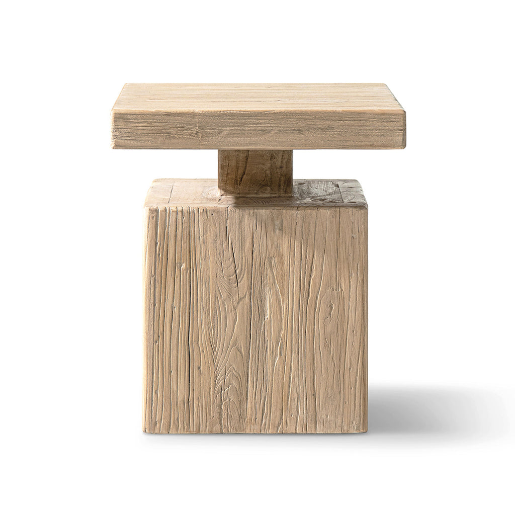 Calder 18' Solid Square Reclaimed Elm Block Plinth Side Table, Heritage Light Natural Brown