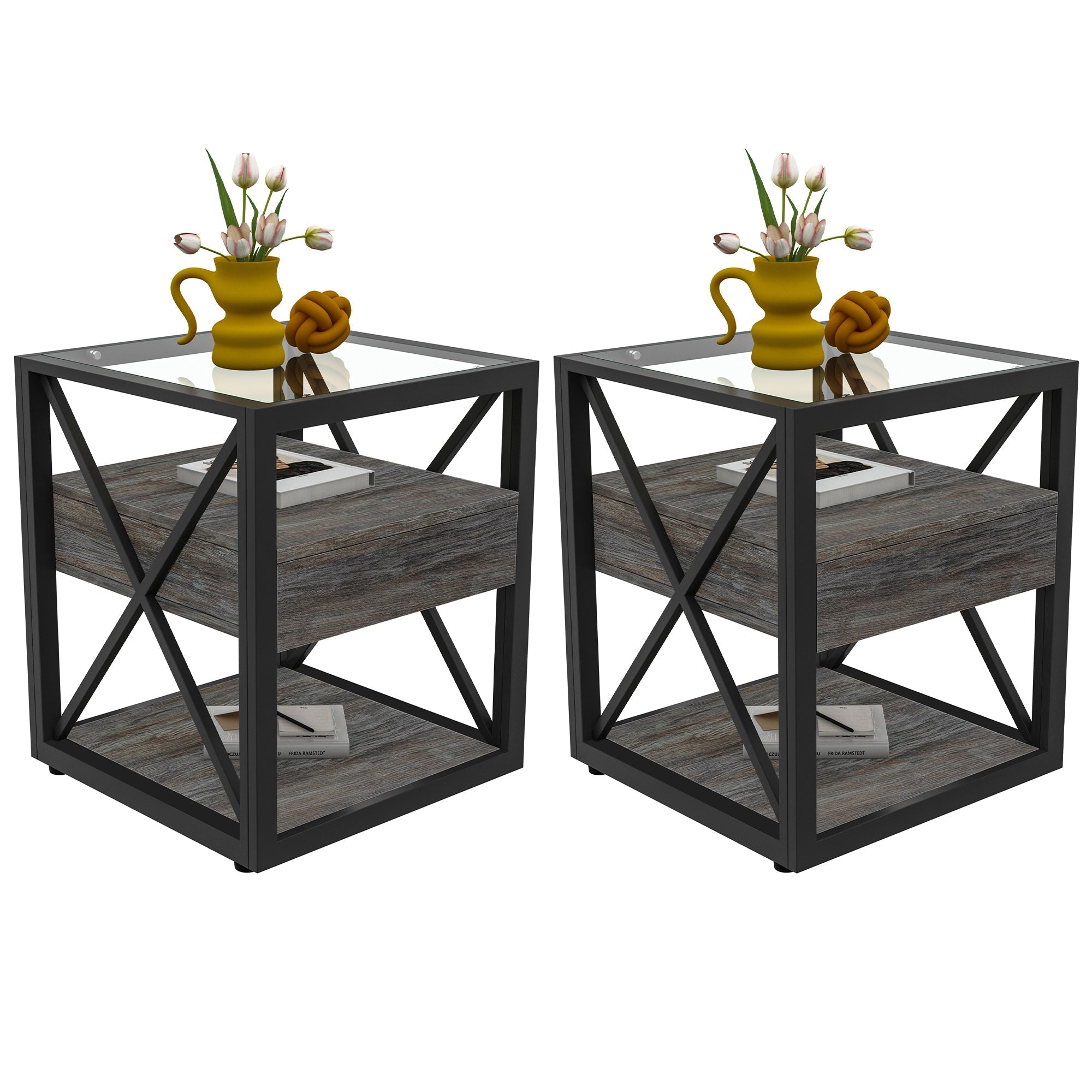 Set of 2 Modern End Tables with Drawer - Nightstands