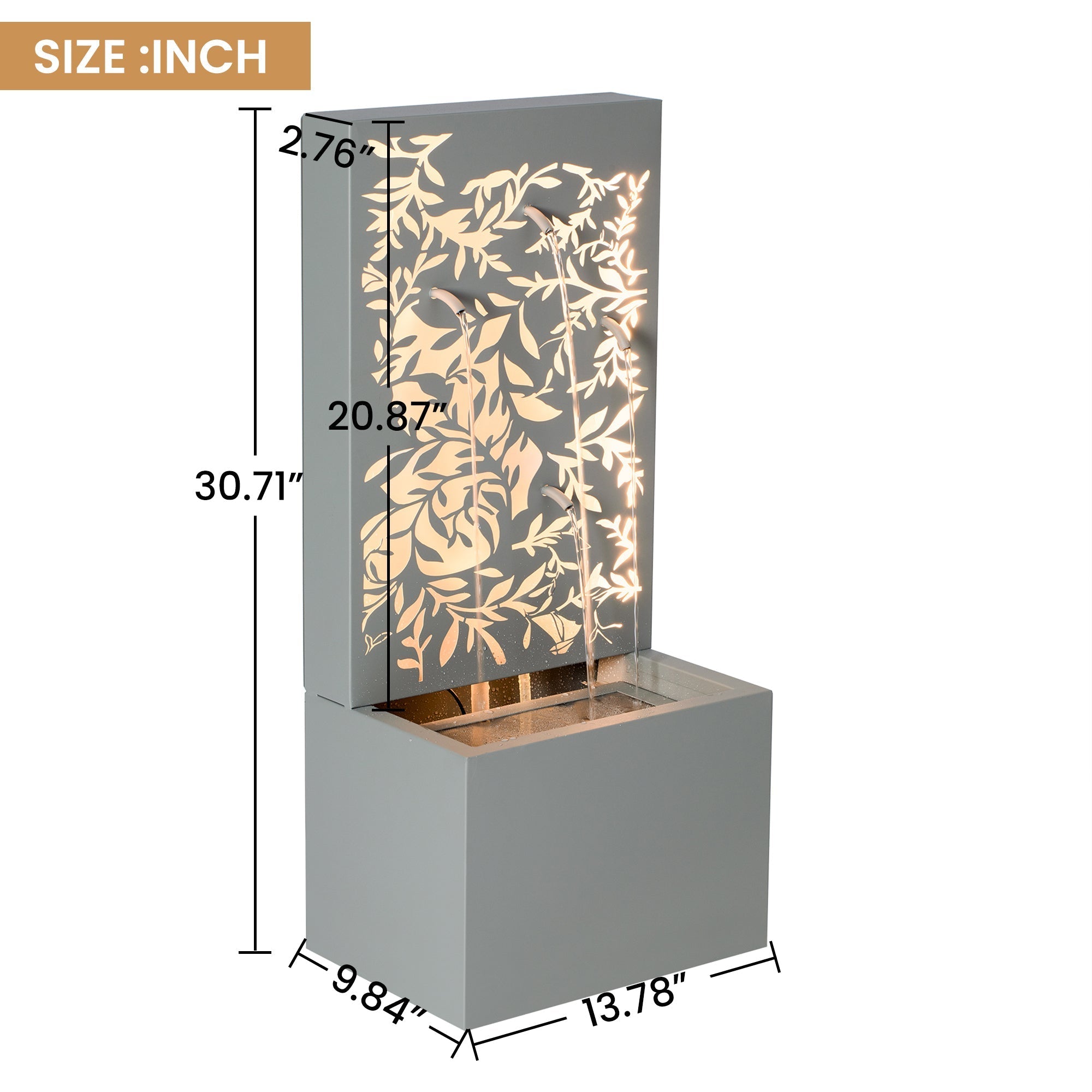 30.71' Light Gray Metal Leaf Cutout Outdoor Water Wall Fountain with LED Lights