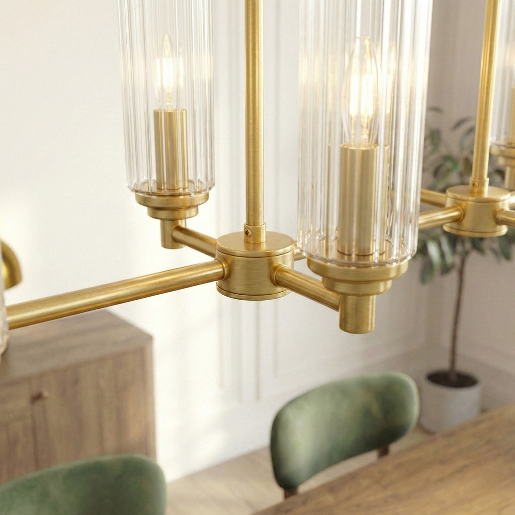 Willow - 8 Lights Island With Clear Ribbed Pendant Lamp Satin - Antique Brass / Clear / Gold