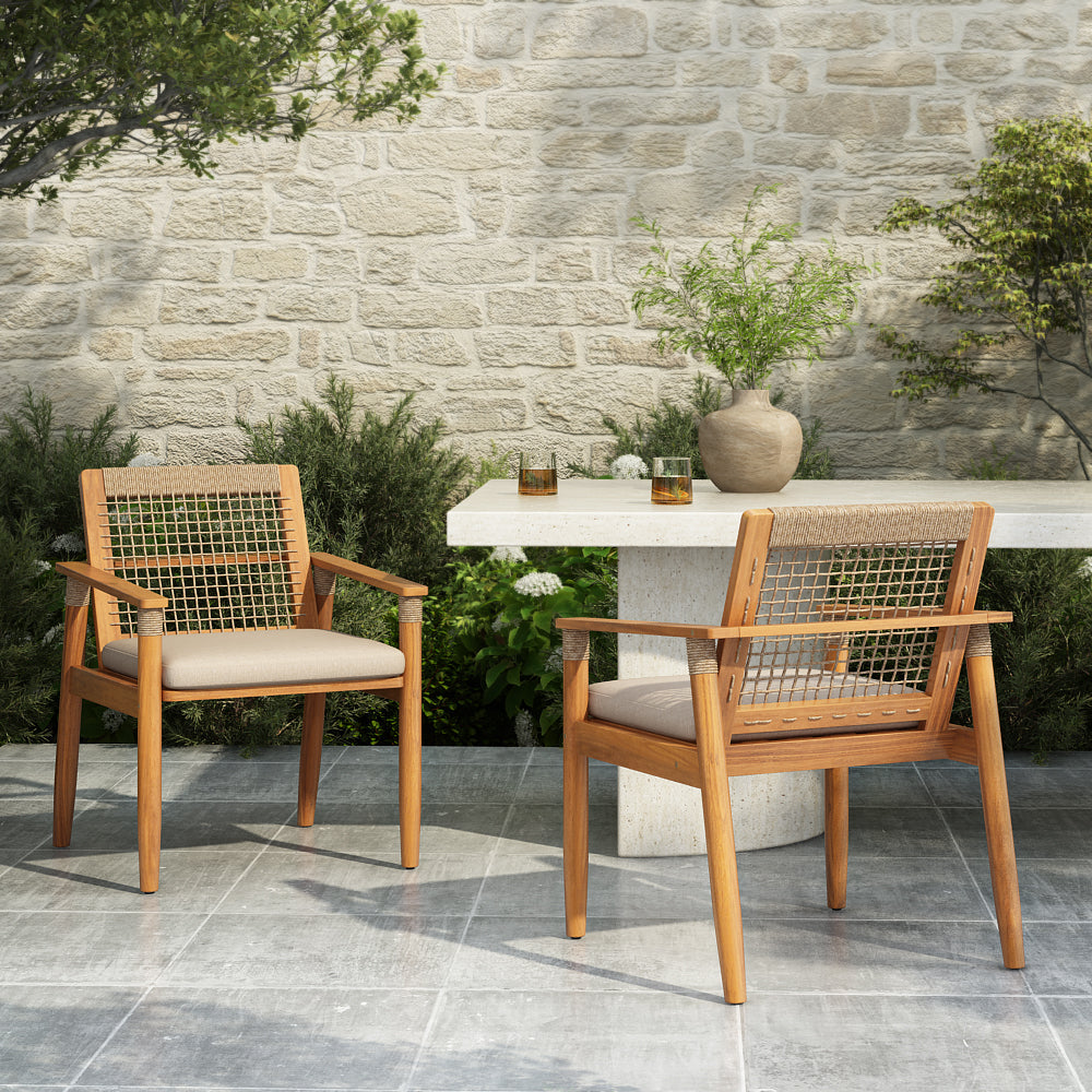 Outdoor Dining Chairs Set of 2 with Acacia Wood and Rope Design