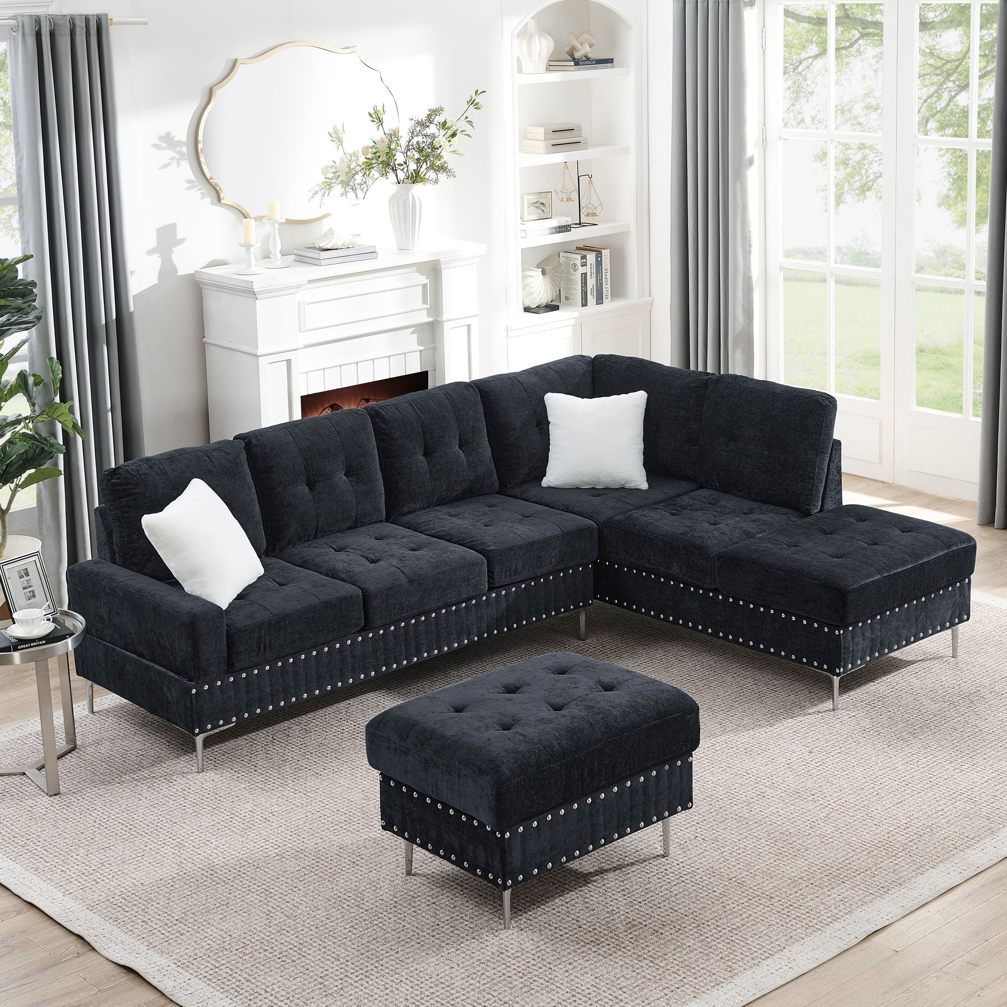 L-Shaped Sectional Sofa With Chaise And Storage Ottoman, Includes 2 Pillows