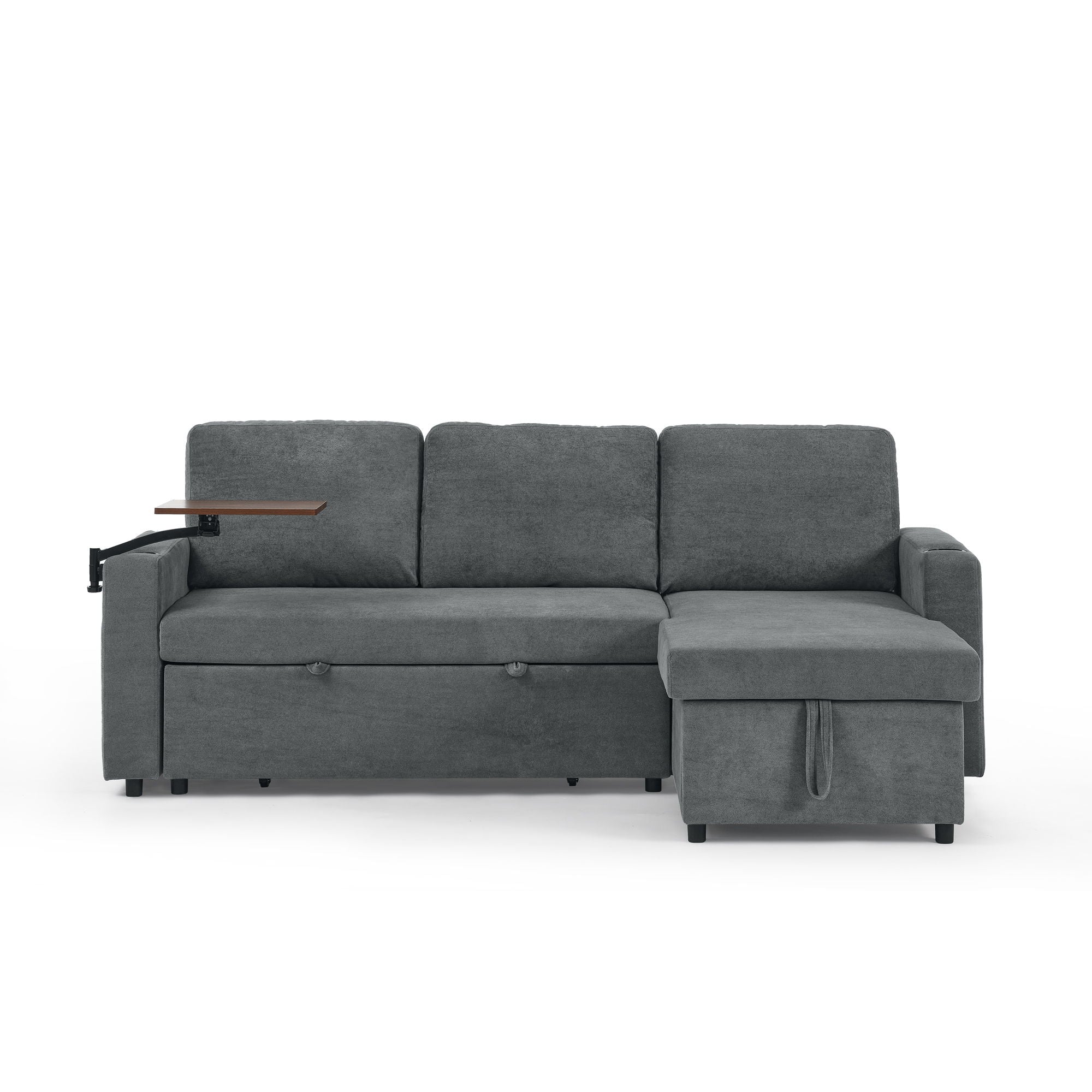 Multi Functional Pull Out Bed Sofa With Retractable Table, LED Lighting, USB Charging Ports & Cup Holders