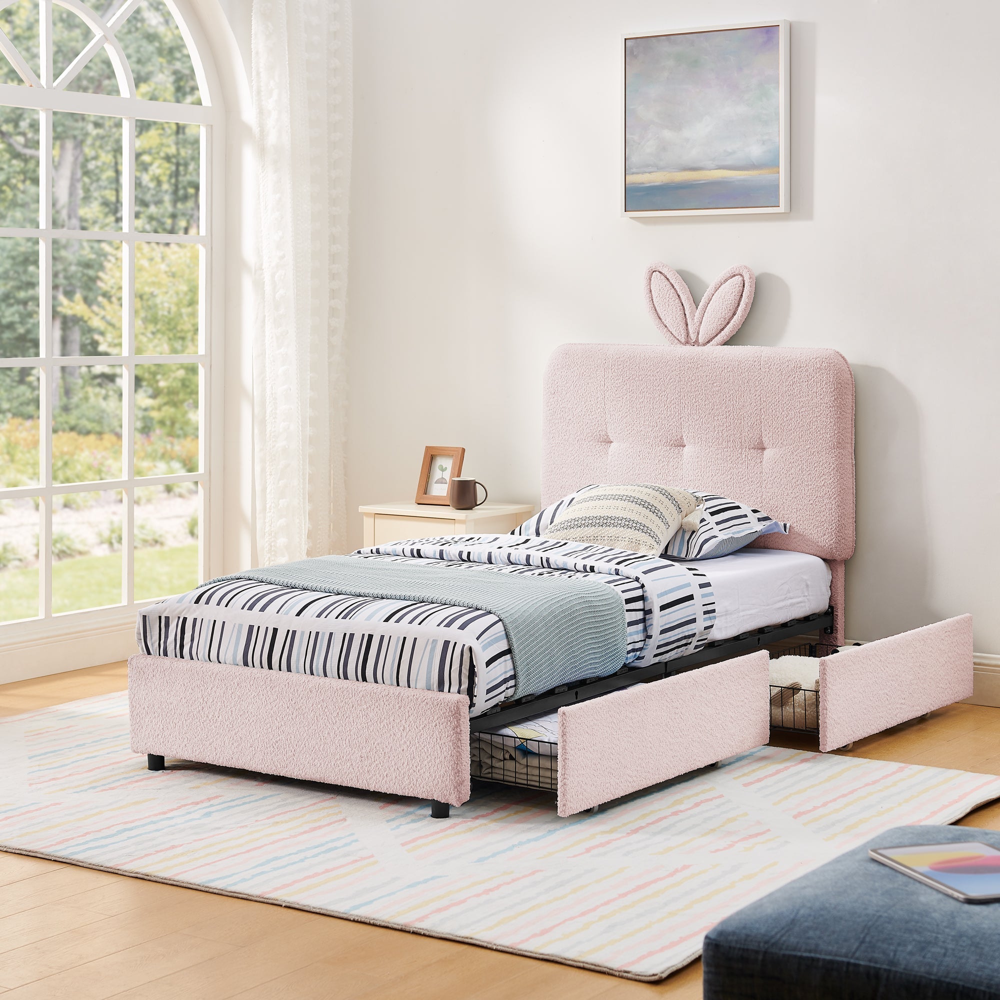 Twin Size Kids Upholstered Bed with Oversized Rabbit Ear Headboard