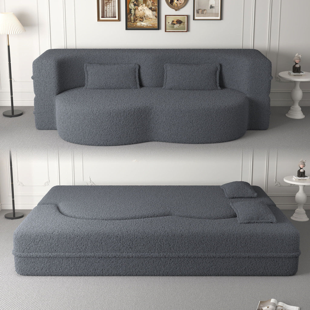 Modern Floor Sofa With Two Pillows Convertible Teddy Fabric Foam Filled Bed