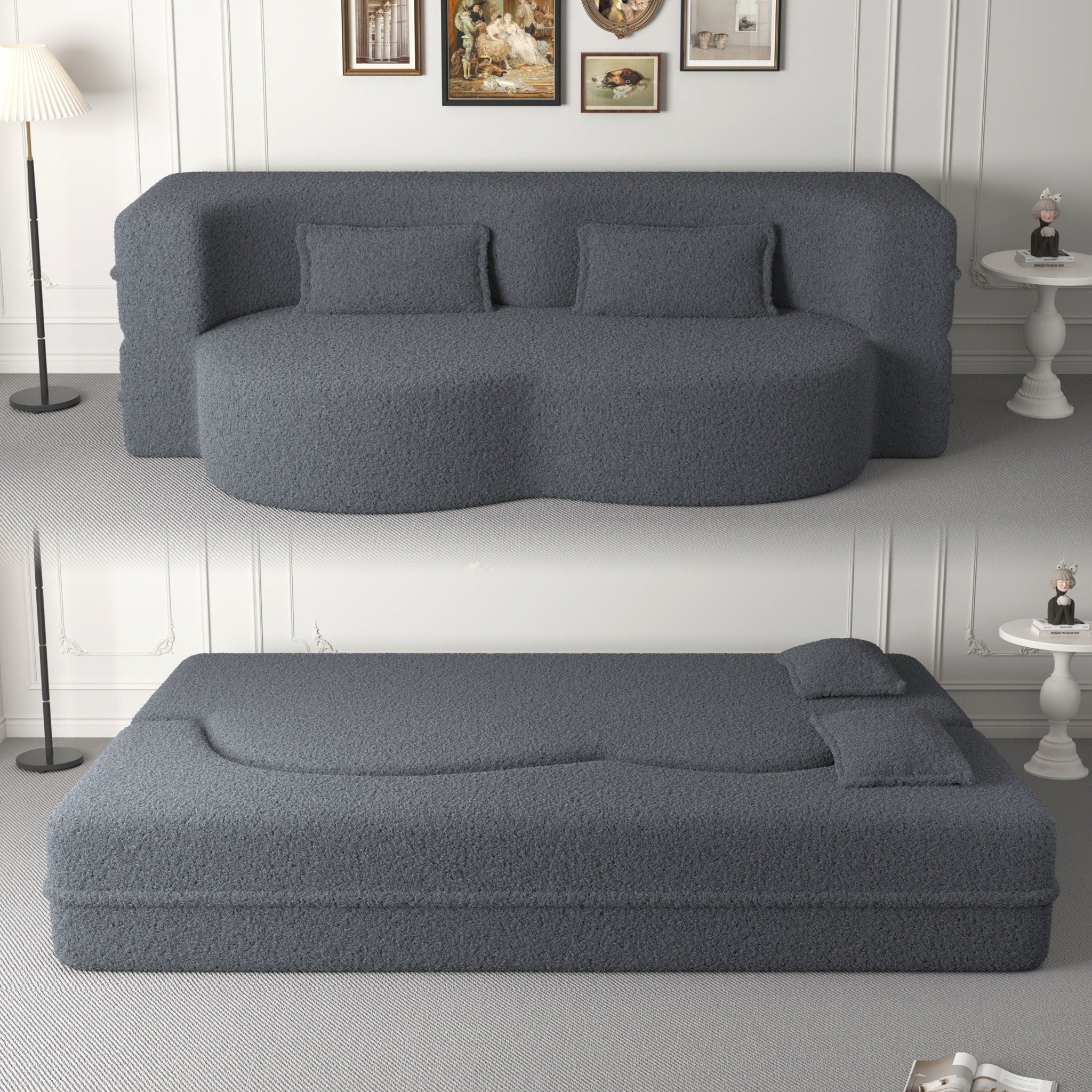 Modern Floor Sofa With Two Pillows Convertible Teddy Fabric Foam Filled Bed