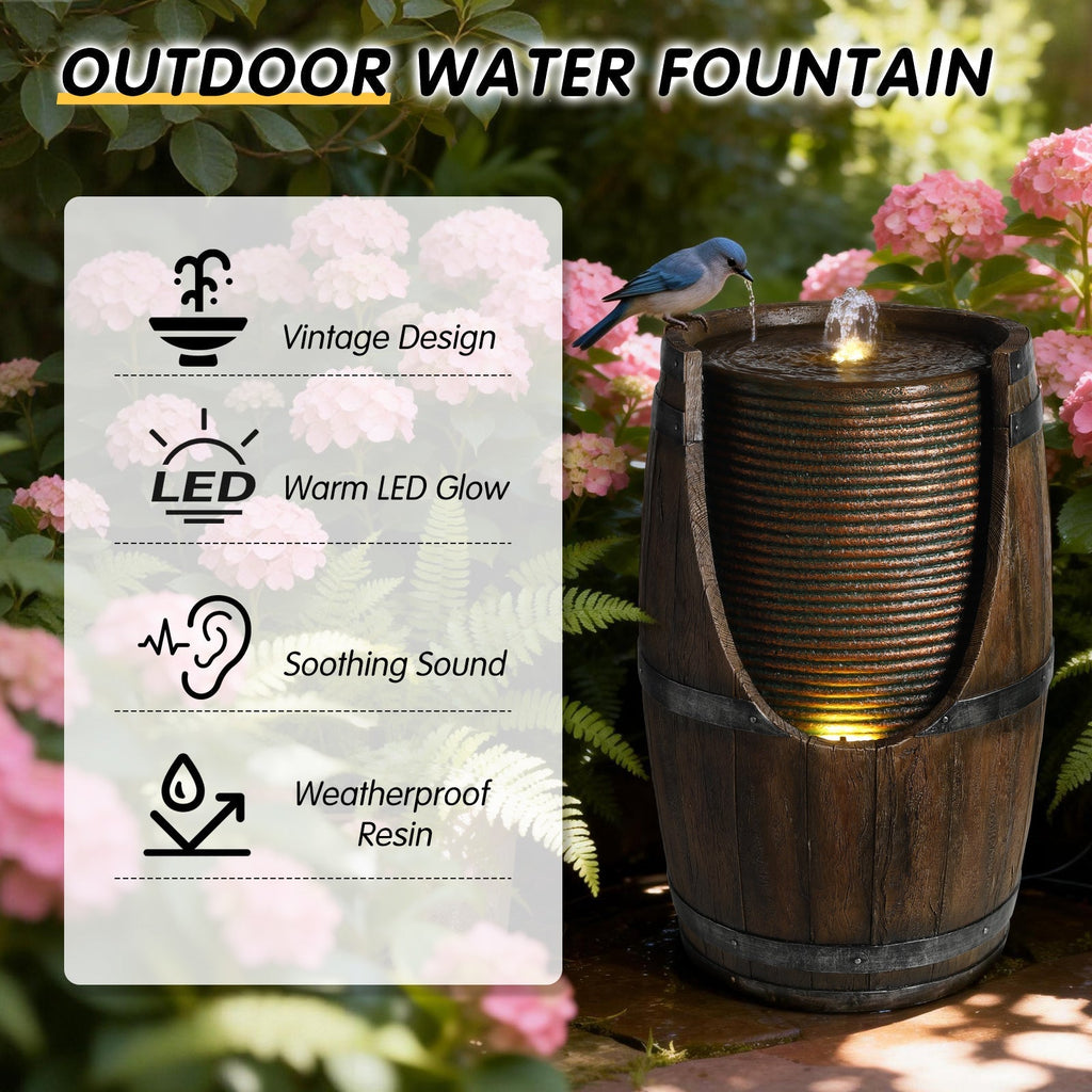 Outdoor Barrel Water Fountain with Rustic Wood Look Resin