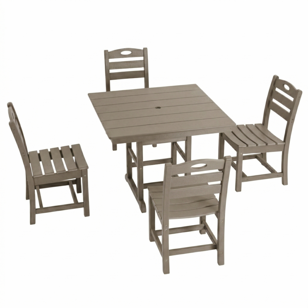 Antique Wood Color HDPE 5-Piece Outdoor Patio Dining Set with Square Table and 4 Armless Chairs, Umbrella Hole