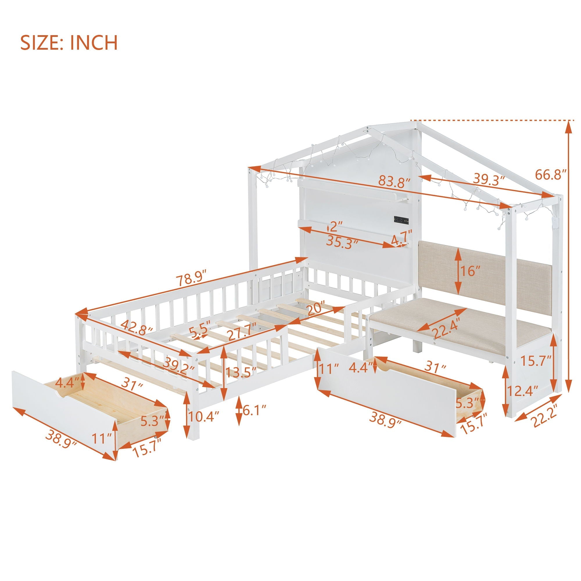 House Bed With Upholstered Sofa, Wireless Charging Station, Shelves And 2 Drawers