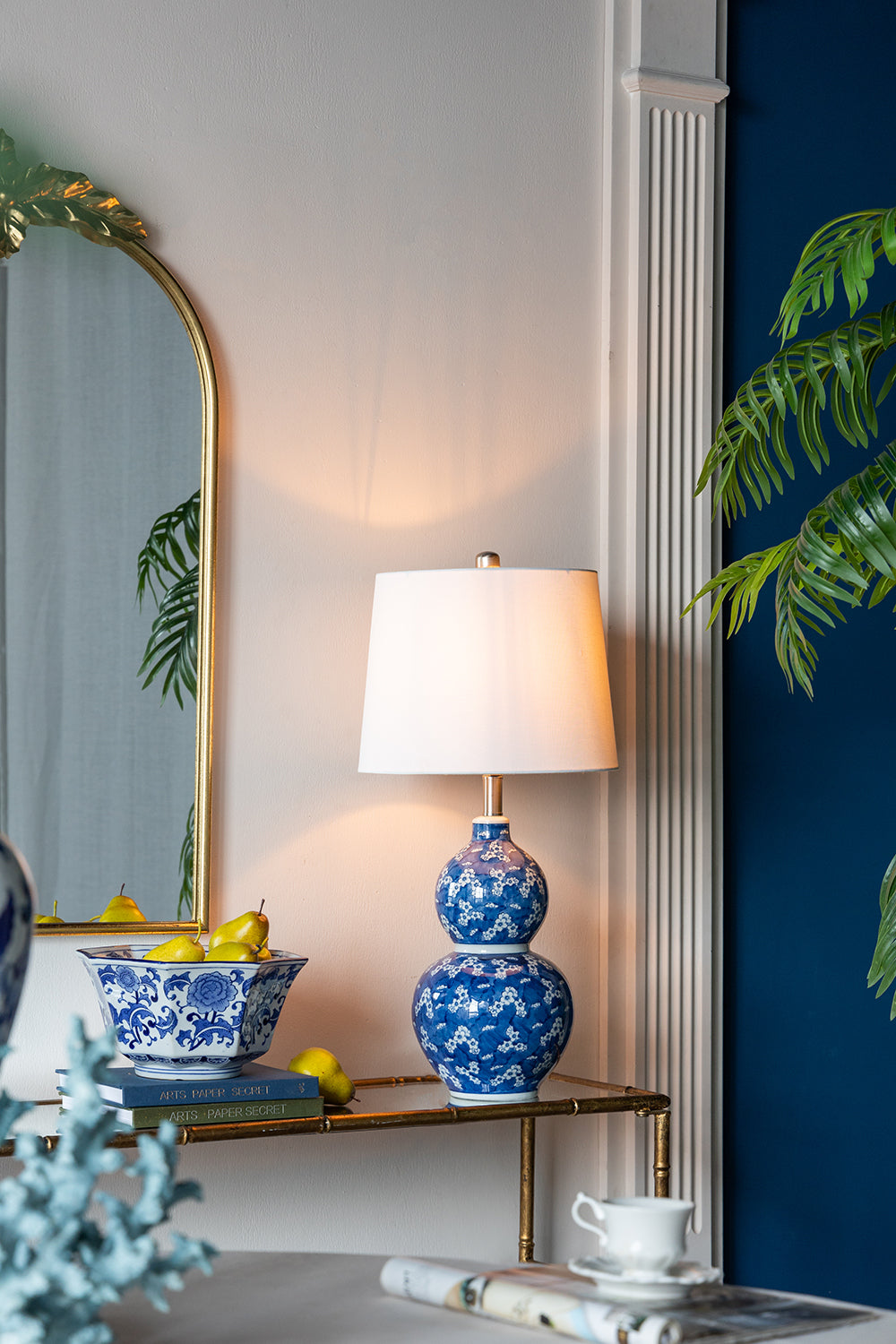 D13x25.7' Blue and White Round Two-Tiered Ceramic Vase Lamp