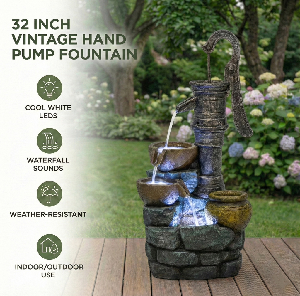 32'' H Large Outdoor Fountain with Vintage Pump