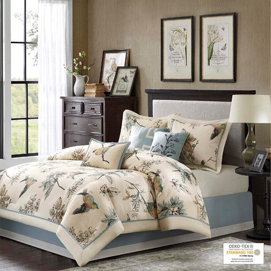 7 Piece Printed Cotton Twill Comforter Set Khaki Queen