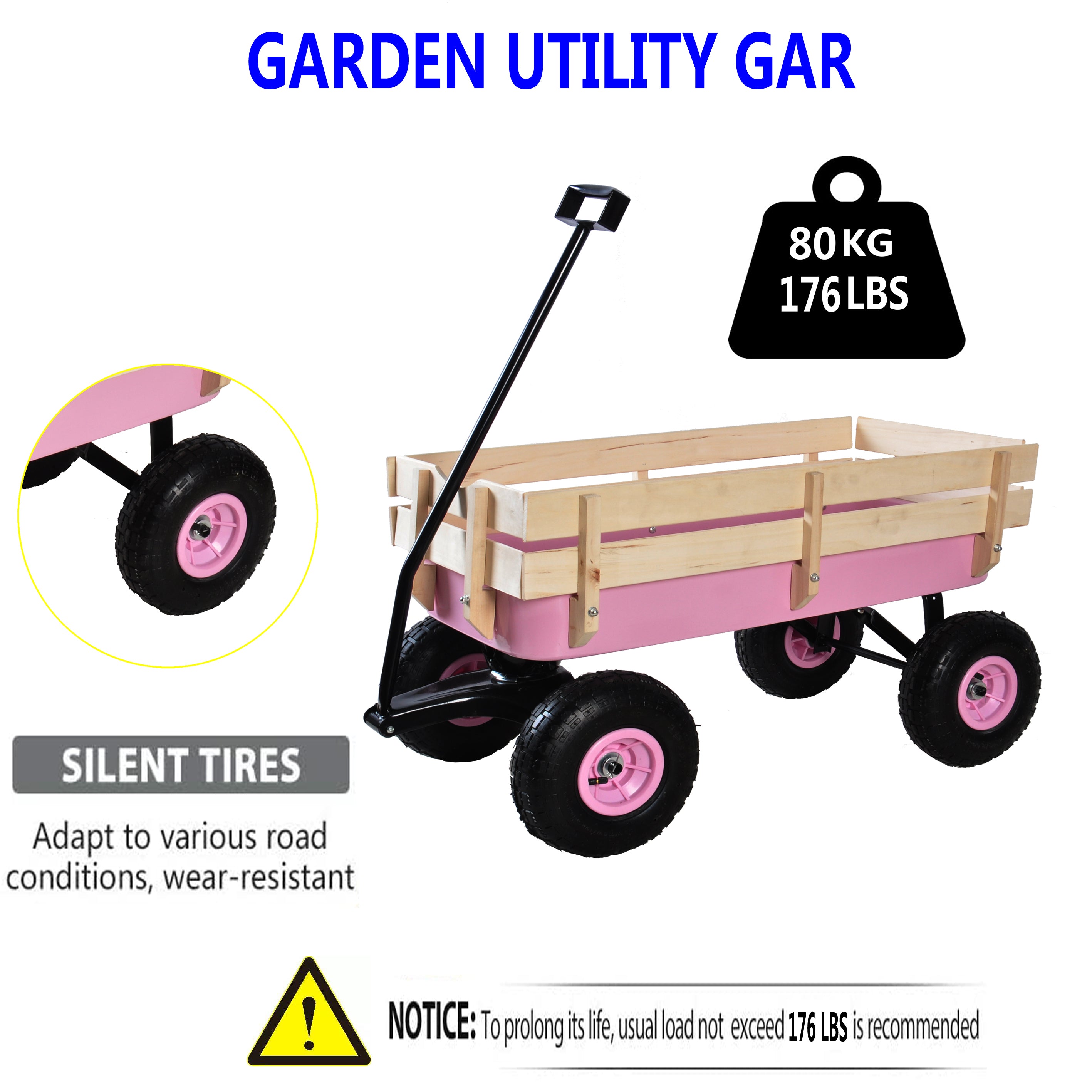 Outdoor All Terrain Garden Wagon with Wooden Railings and Pneumatic Tires