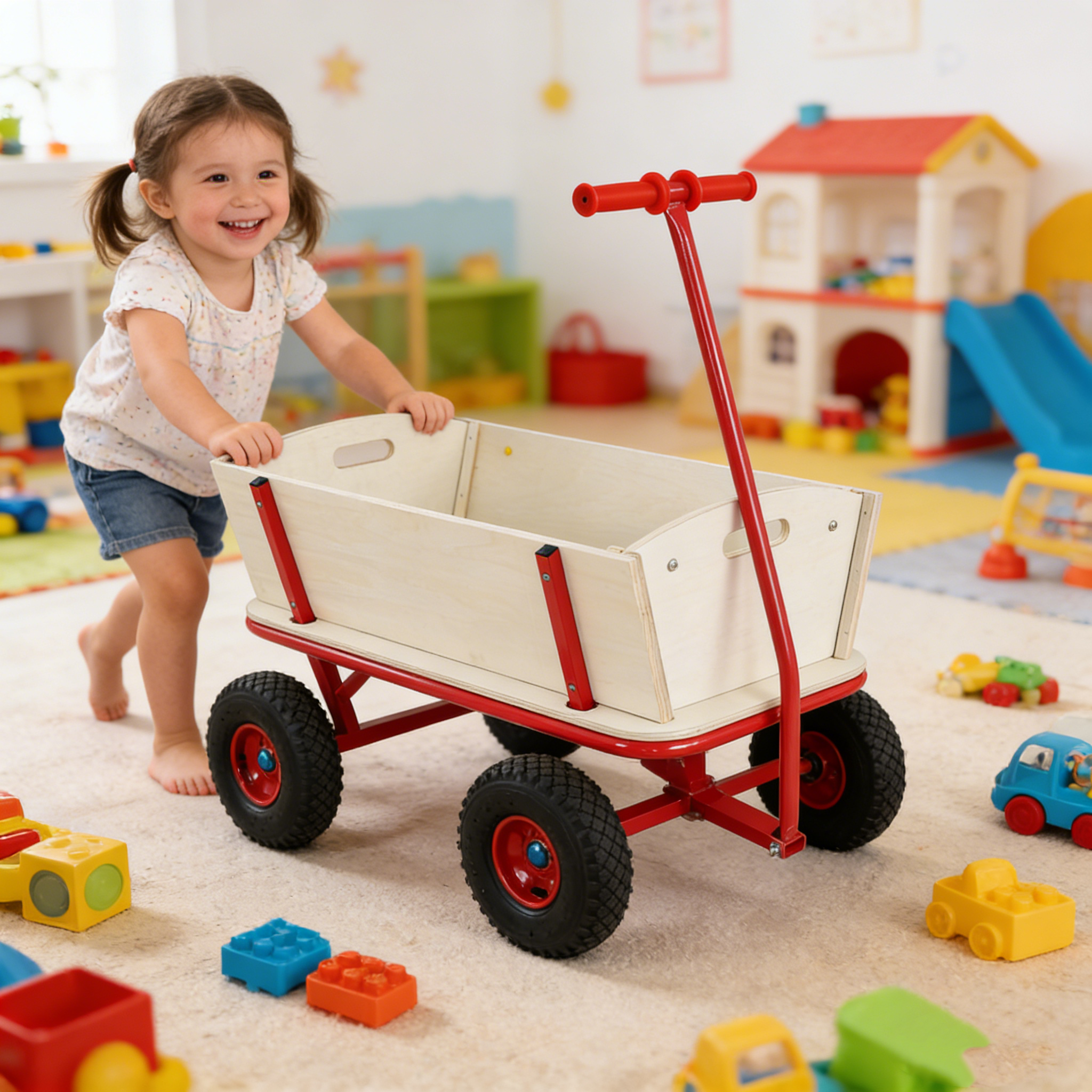 Wooden Children's Outdoor Stroller with Four-Wheel Design