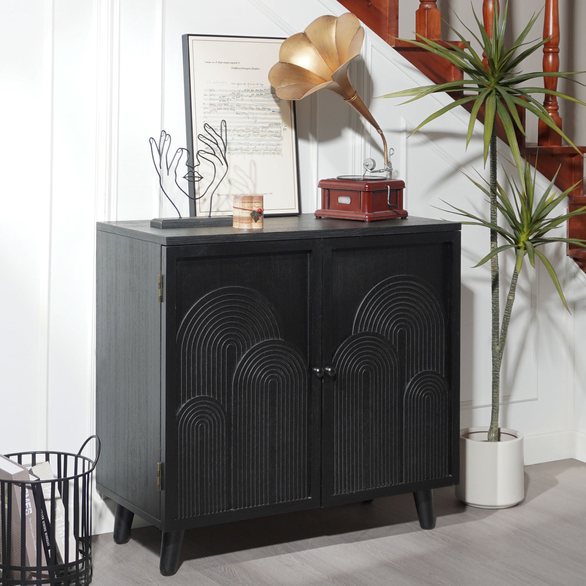 Modern Black Wood Storage Cabinet with Embossed Door