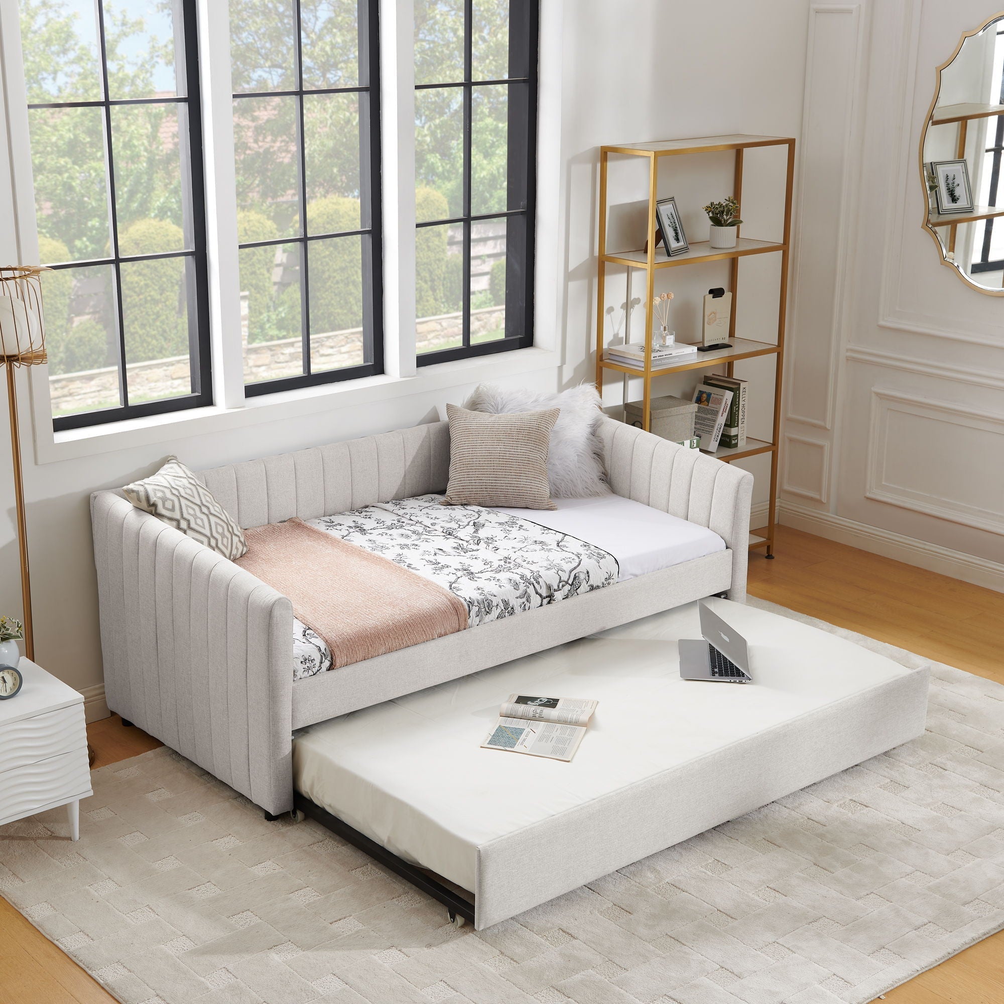 Upholstered Daybed With Trundle With Vertical Stripes
