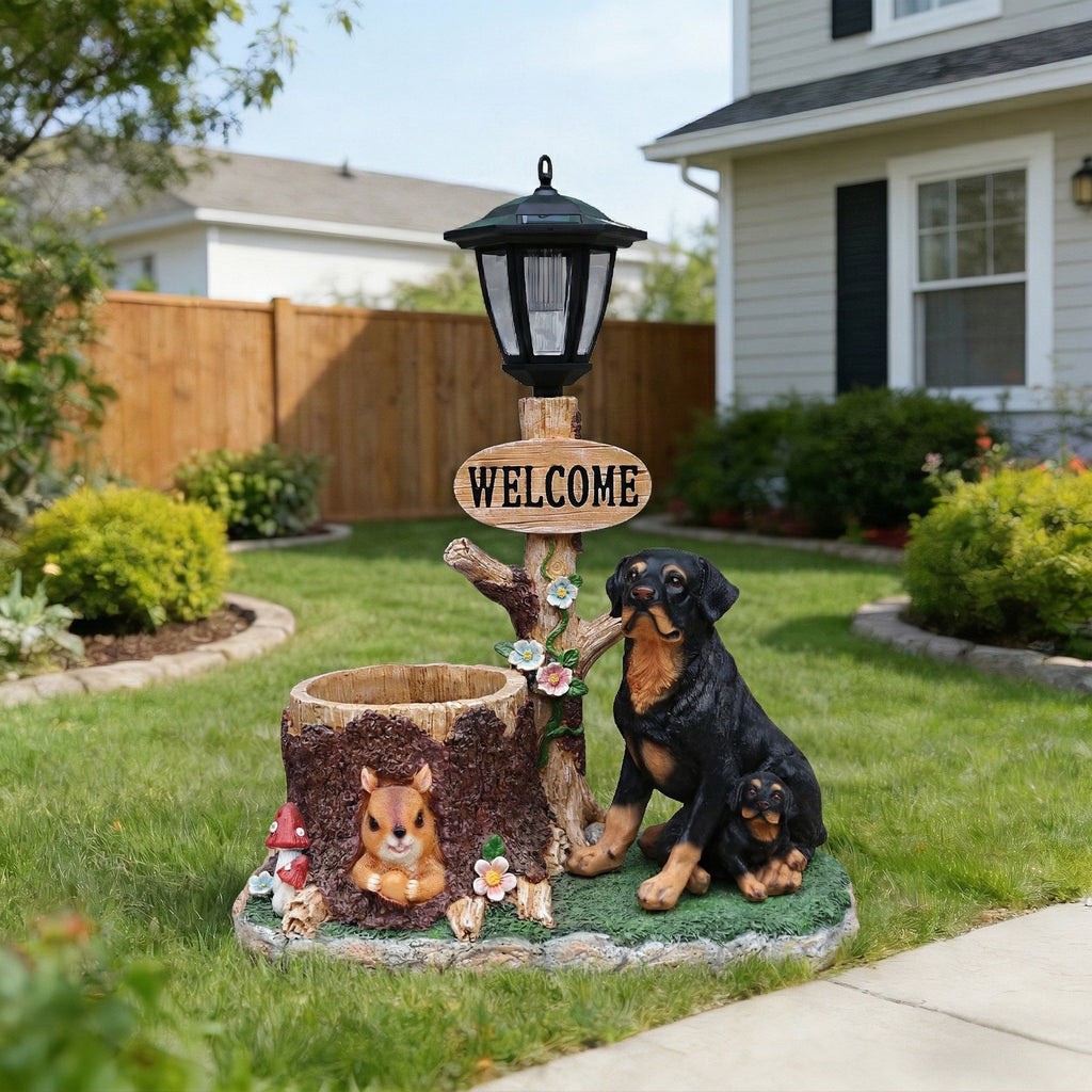Rottweiler Dog Family Planter Statue