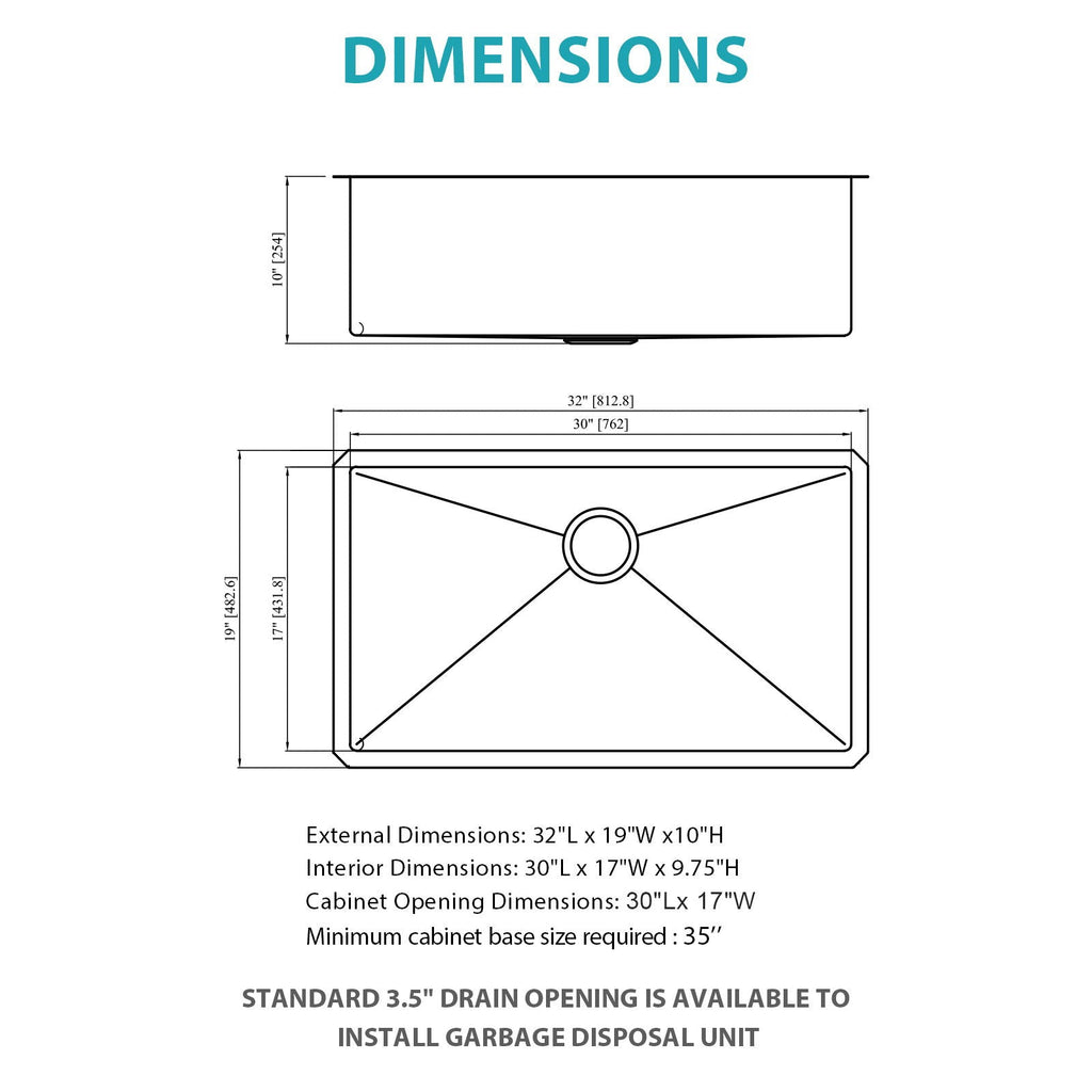 Finish Undermount Stainless Steel Kitchen Sink 32" X 19" 16 Gauge Deep Single Bowl