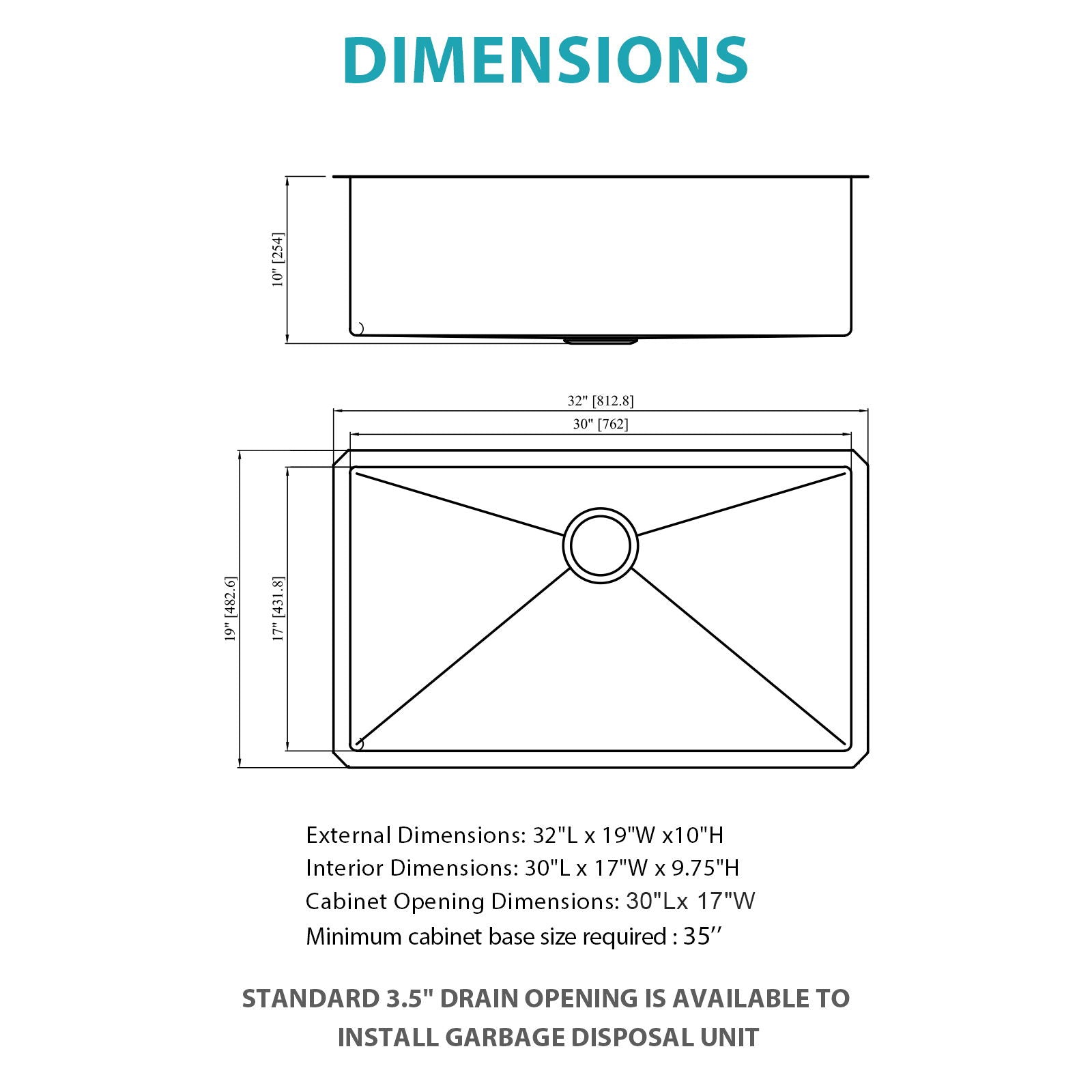Finish Undermount Stainless Steel Kitchen Sink 32" X 19" 16 Gauge Deep Single Bowl