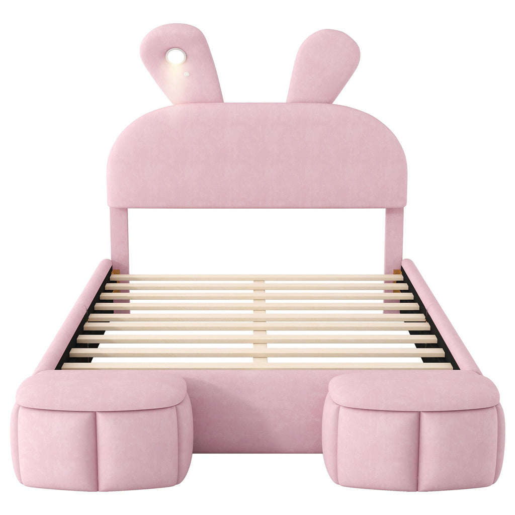 Full Upholstered Platform Bed With Cartoon Ears Headboard And LED Light - Pink