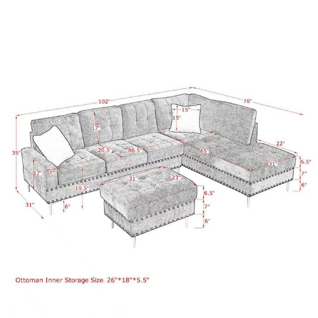 L-Shaped Sectional Sofa With Chaise And Storage Ottoman, Includes 2 Pillows