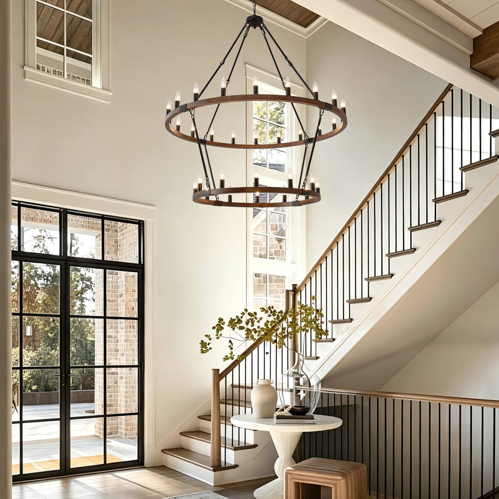 Large Solid Wood Wagon Wheel Chandelier, 2-Tier 32-Lights