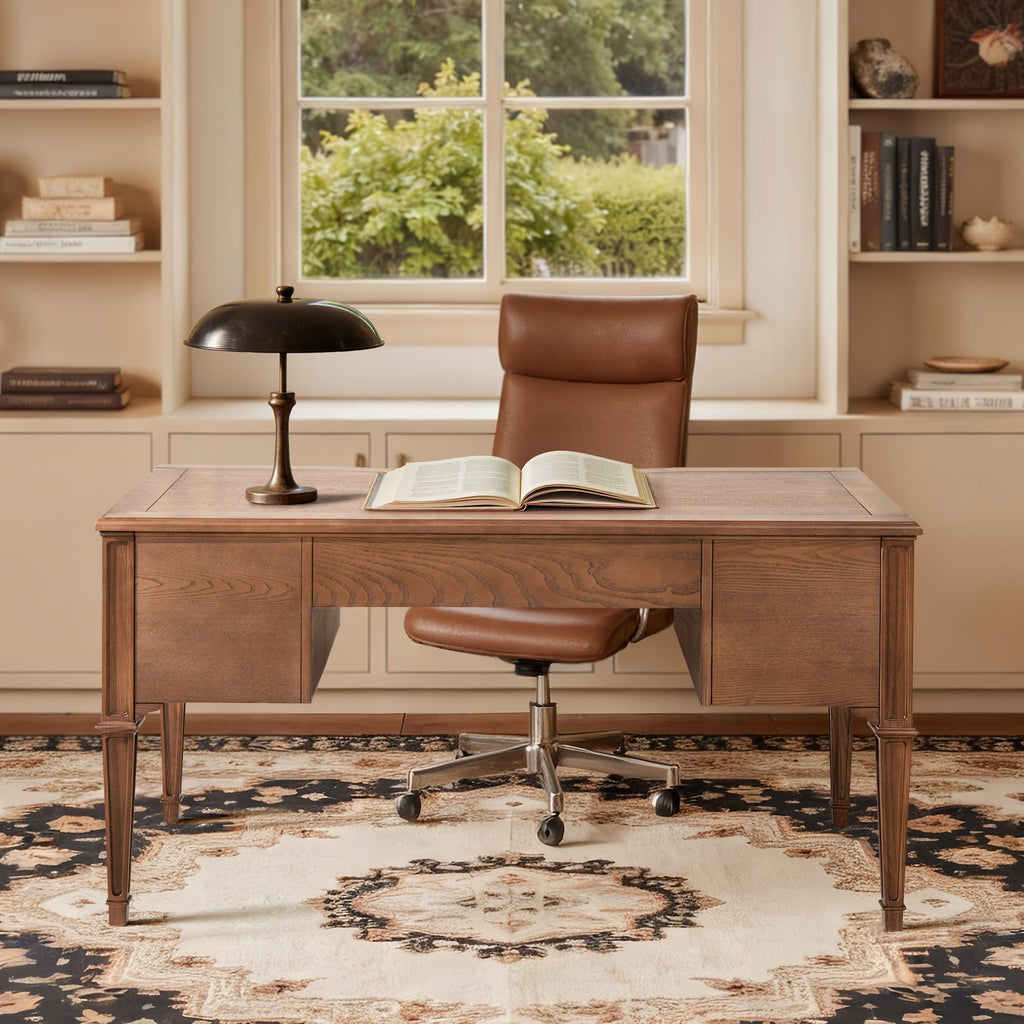 Dauphin Gold Accent 5-Drawer Wood Executive Desk Brown Ash Wood & Veneer