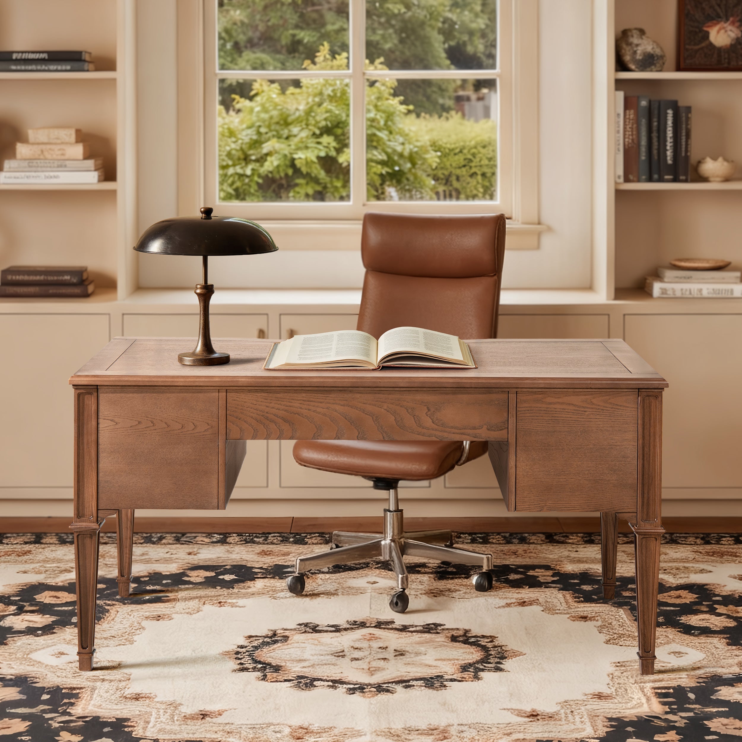 Dauphin Gold Accent 5-Drawer Wood Executive Desk Brown Ash Wood & Veneer