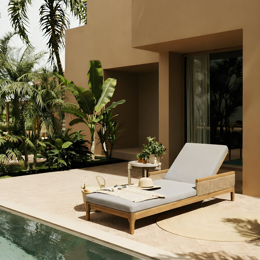 Solid Acacia Wood Sun Lounger with Grey Cushions and Light Grey Wicker